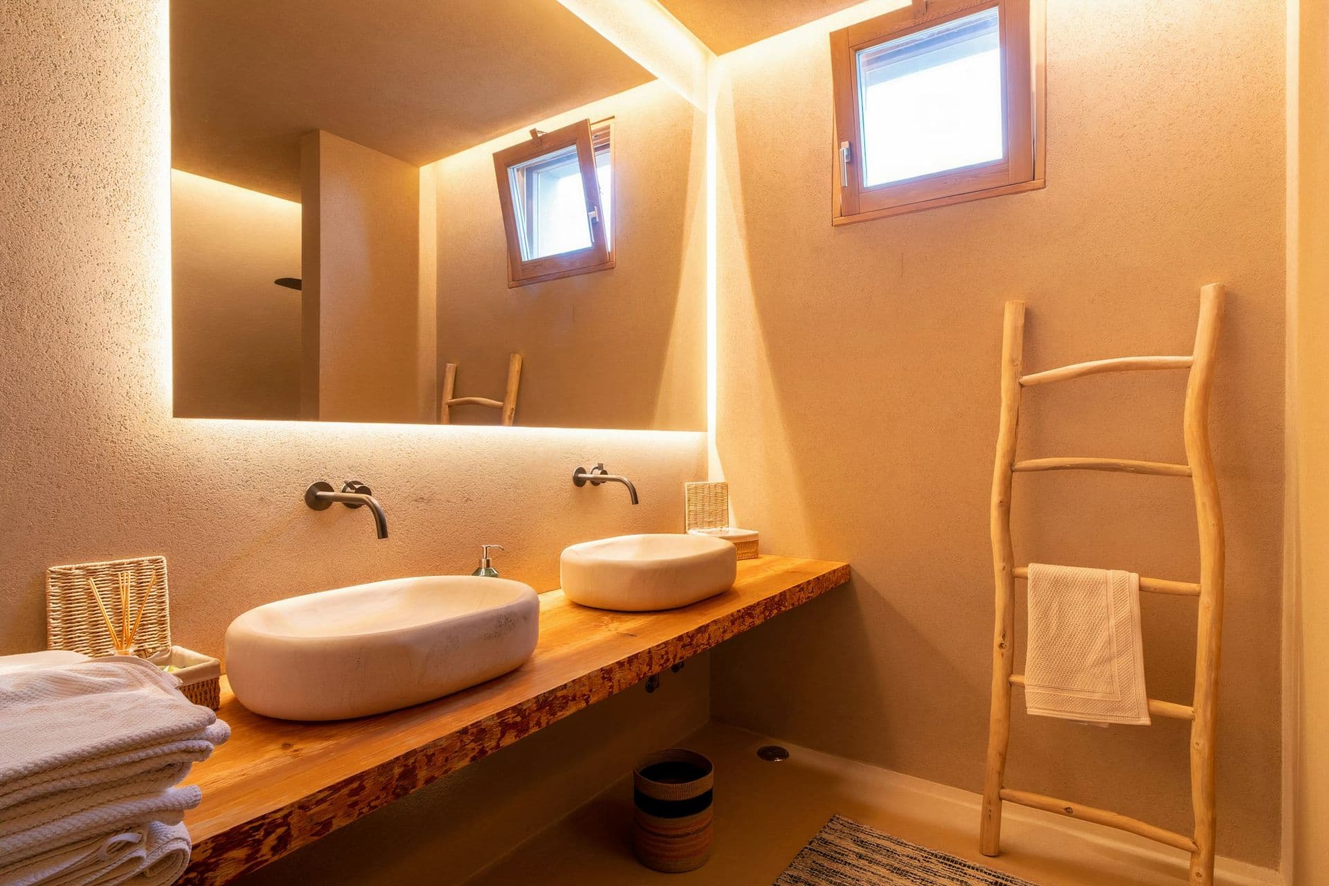 Bathroom with a timber double vanity and backlit mirror at Mighty Pine
