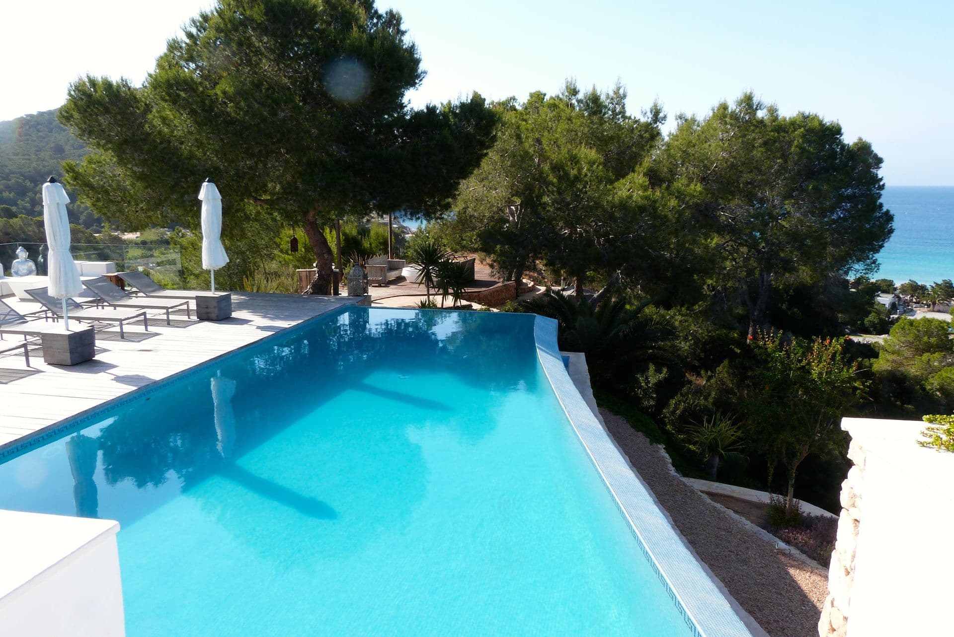 Turquoise infinity pool edged by pine trees at Moon Kite in Ibiza