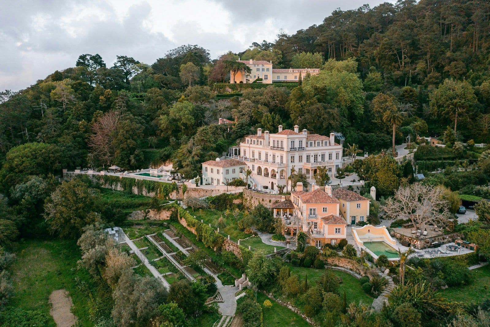 Aerial view of the Romantic Outlook estate and its terraced gardens in the Sintra hills