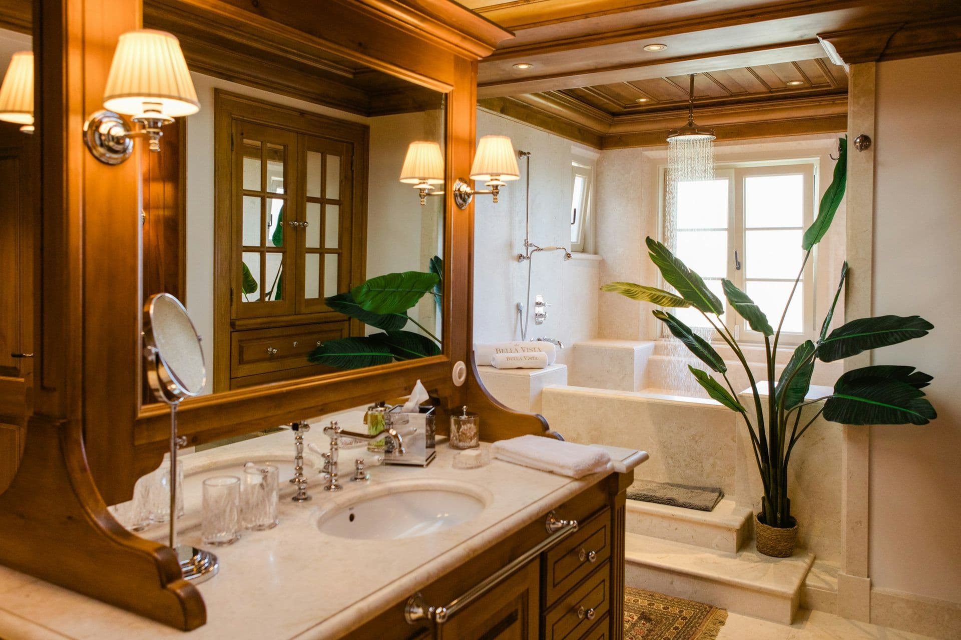 Shower room with a carved timber vanity at Romantic Outlook, Sintra