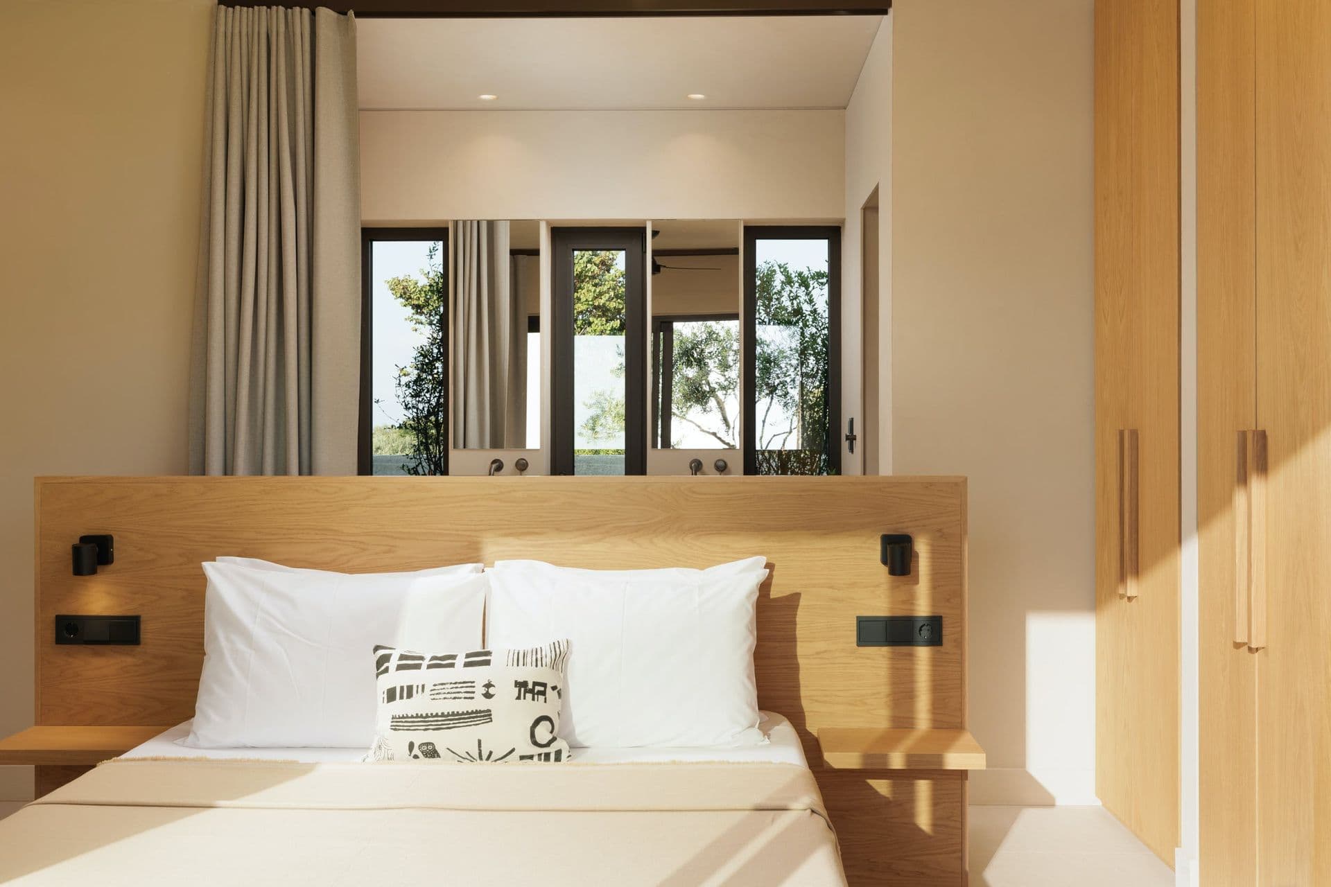 Double bedroom with an oak headboard and fitted wardrobe at Corfu Dreams, Corfu
