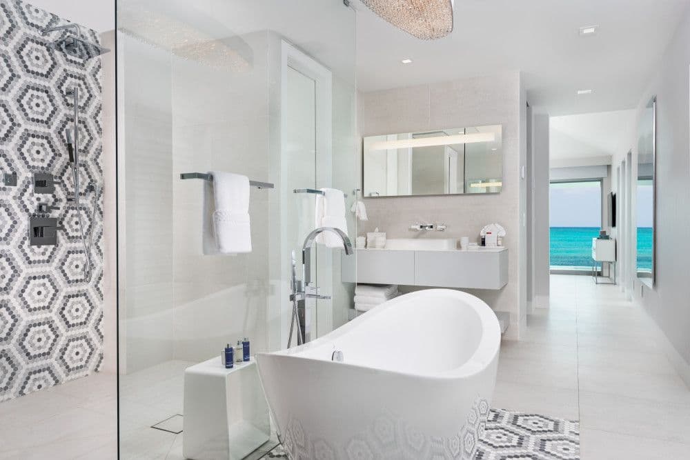 Master en-suite with a freestanding tub and walk-in rain shower at Seaclusion