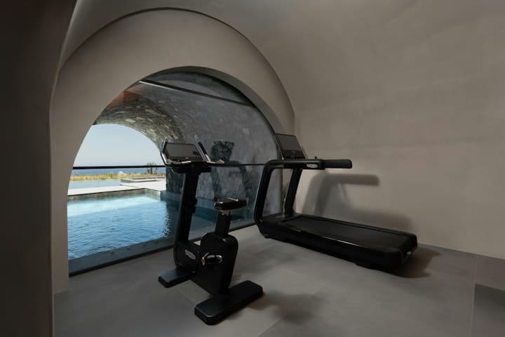 Earth Haven fitness room with vaulted ceiling and Aegean views, Oia, Cyclades Islands, Greece