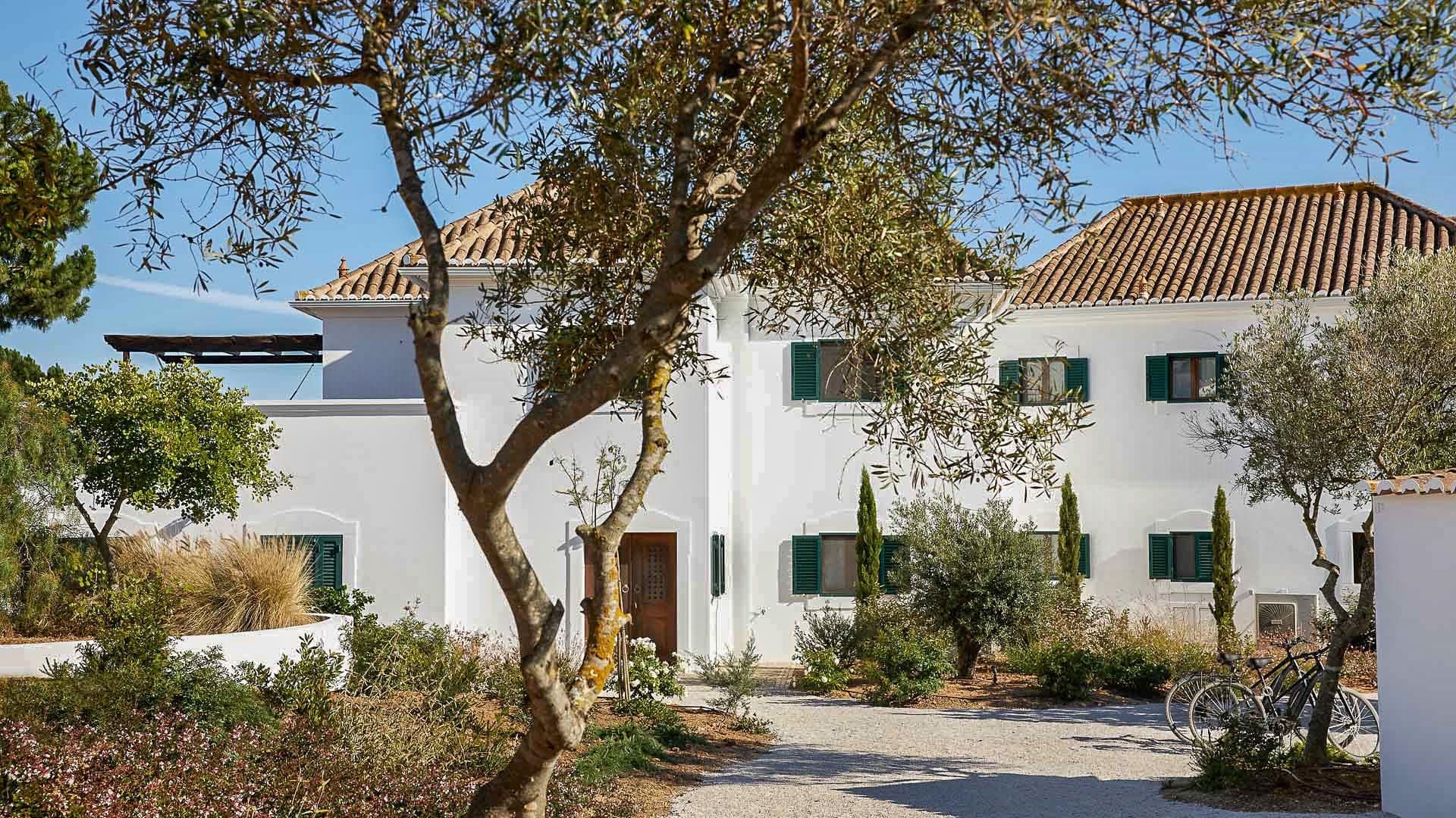 Whitewashed Algarve farmhouse facade with green shutters and mature trees