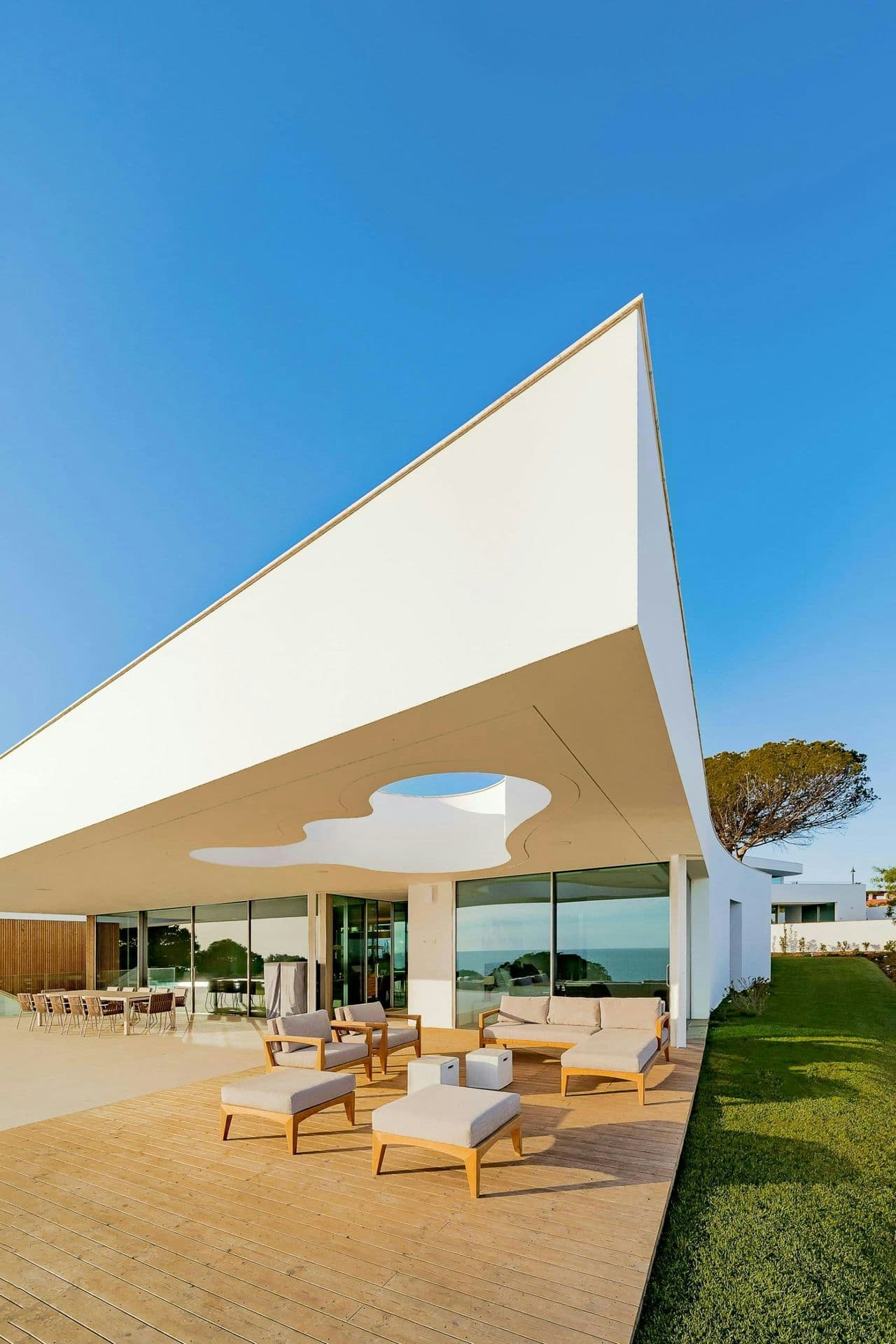 Detail of the sculptural cantilevered roofline at A Coastal Crown, Lagos