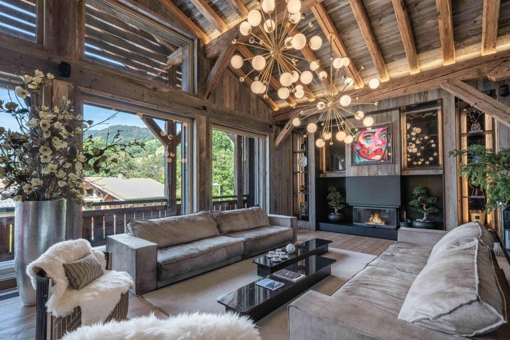Fireside sitting area in old timber at Megeve Centre 7