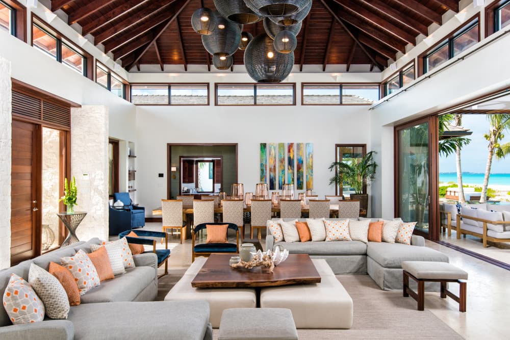 Hawksbill great room with vaulted ceiling and ocean views, Providenciales, Turks and Caicos Islands