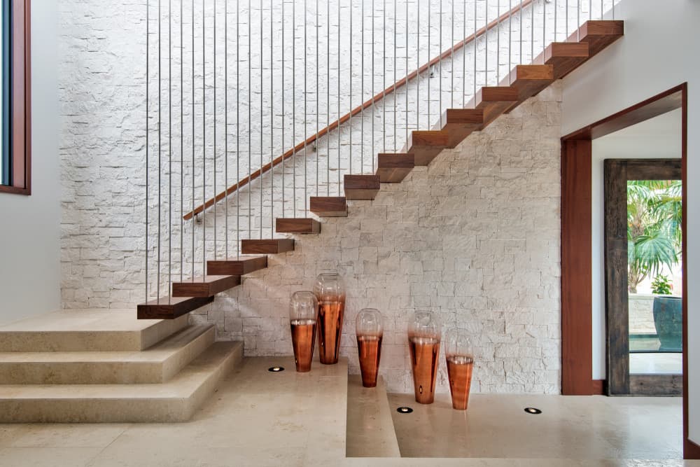 Hawksbill floating wood staircase with stone wall, Providenciales, Turks and Caicos Islands