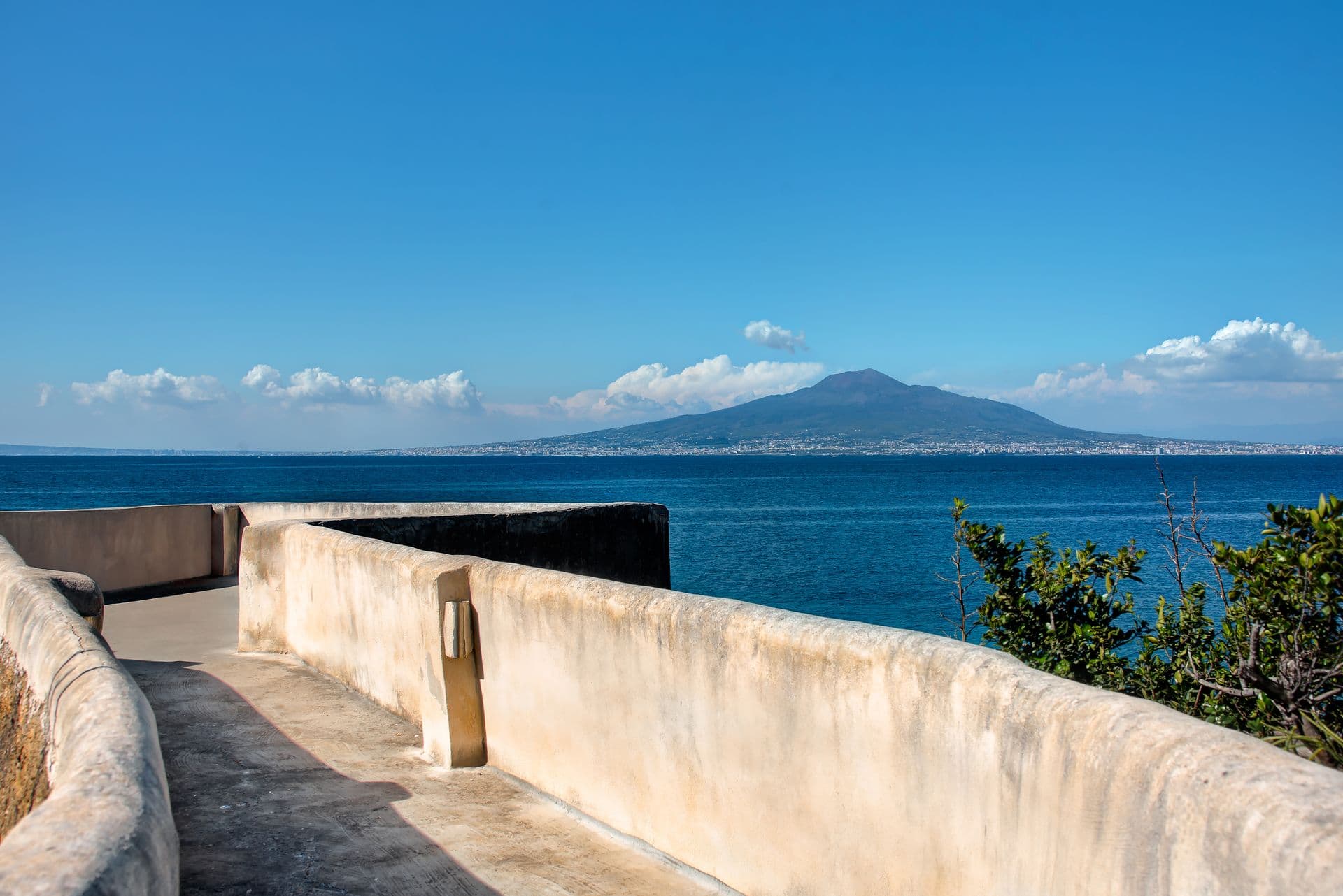 Panoramic view of the Bay of Naples and Mount Vesuvius from the terrace wall at Mount of Love