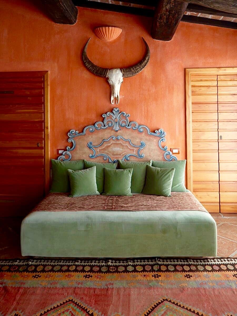 Villa Fortaleza master bedroom with four-poster bed and views, Province of Grosseto, Tuscany, Italy