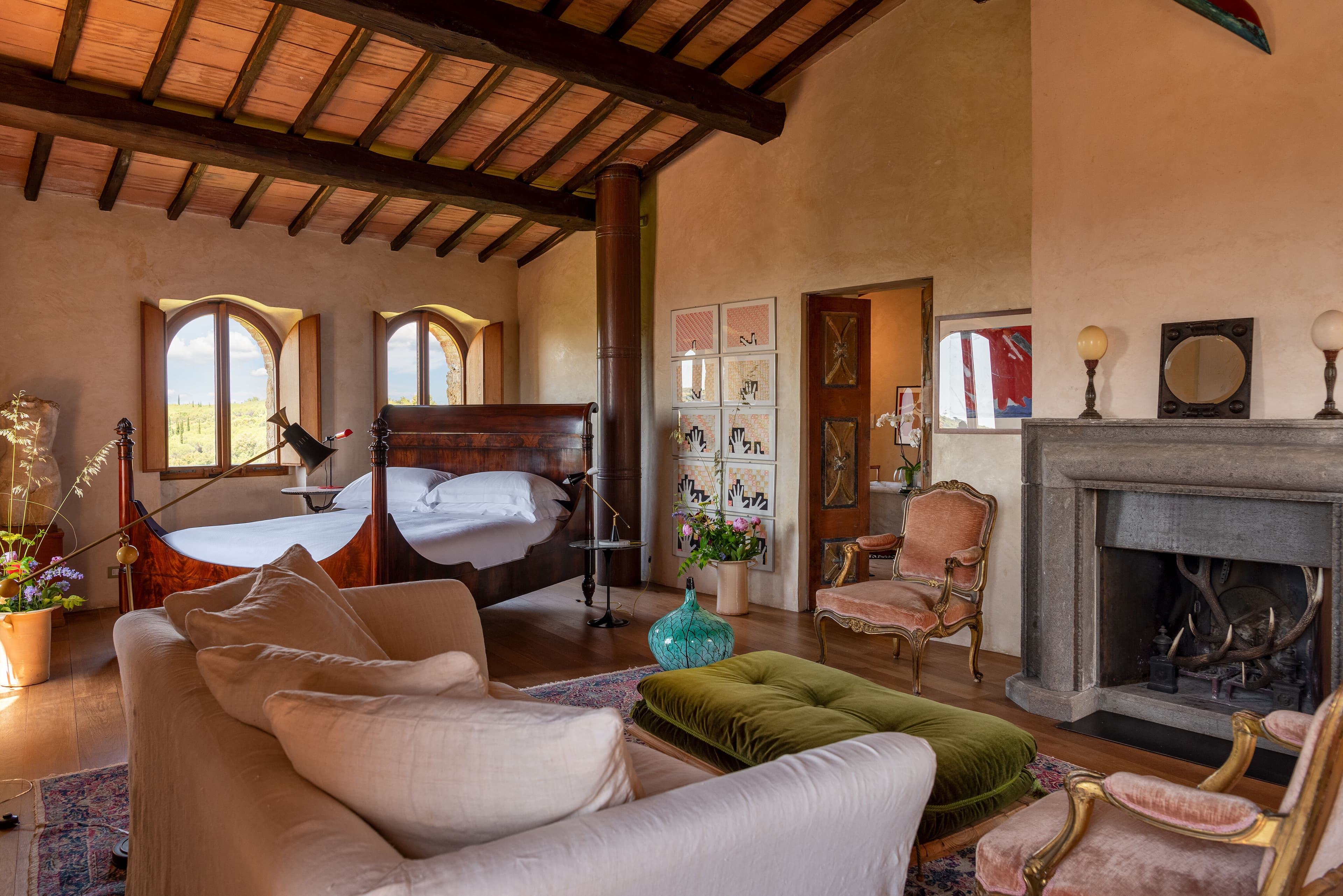 Villa Fortaleza contemporary bedroom with walnut panelling, Province of Grosseto, Tuscany, Italy