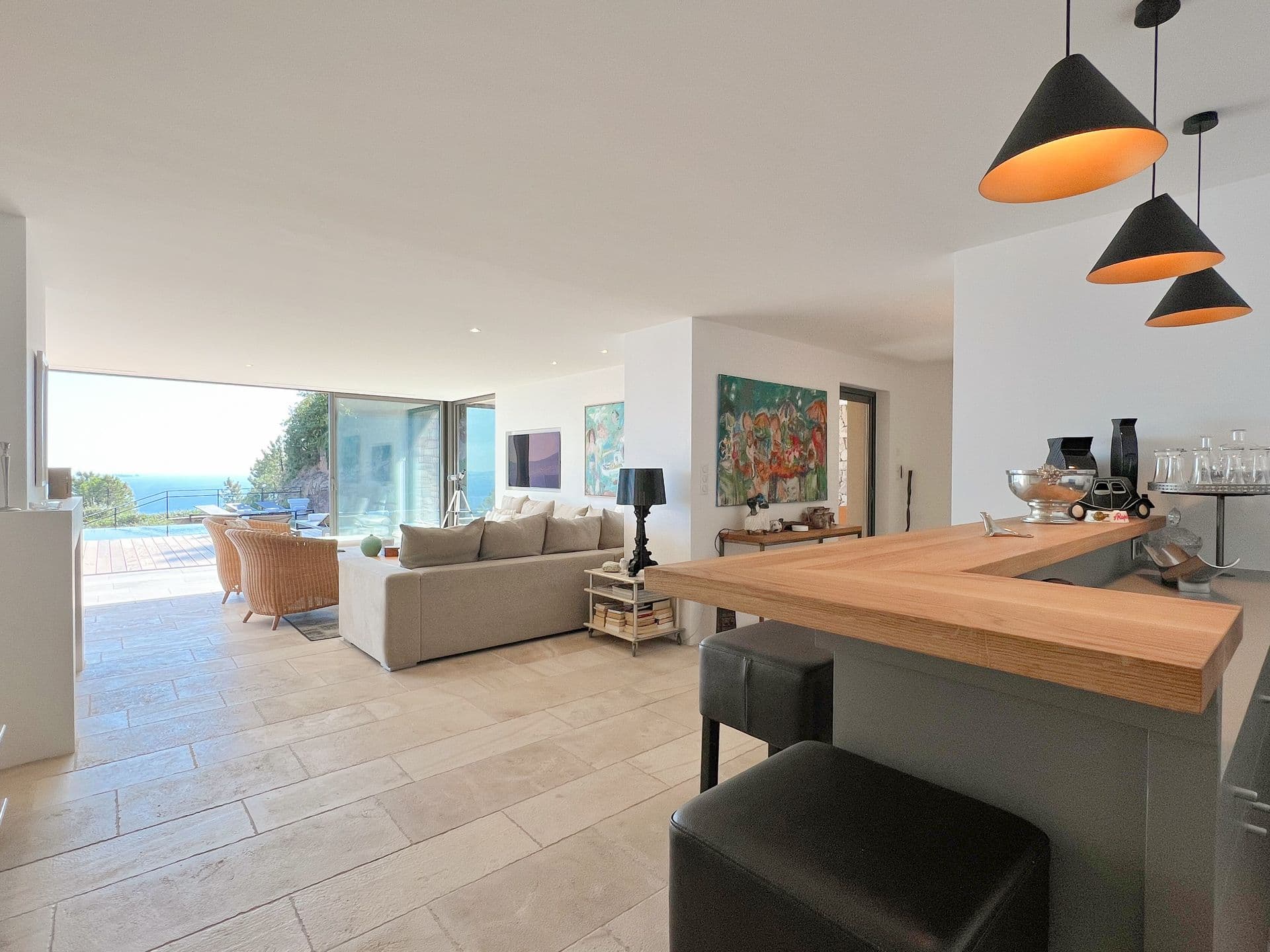 Open-plan living and kitchen space with sea views at Coastal Azure, Theoule-sur-Mer