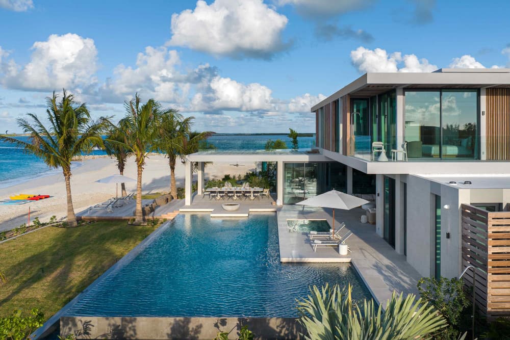 The Point aerial view of beachfront villa, Grace Bay, Turks and Caicos Islands