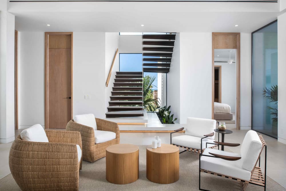 The Point entrance foyer with floating staircase, Grace Bay, Turks and Caicos Islands