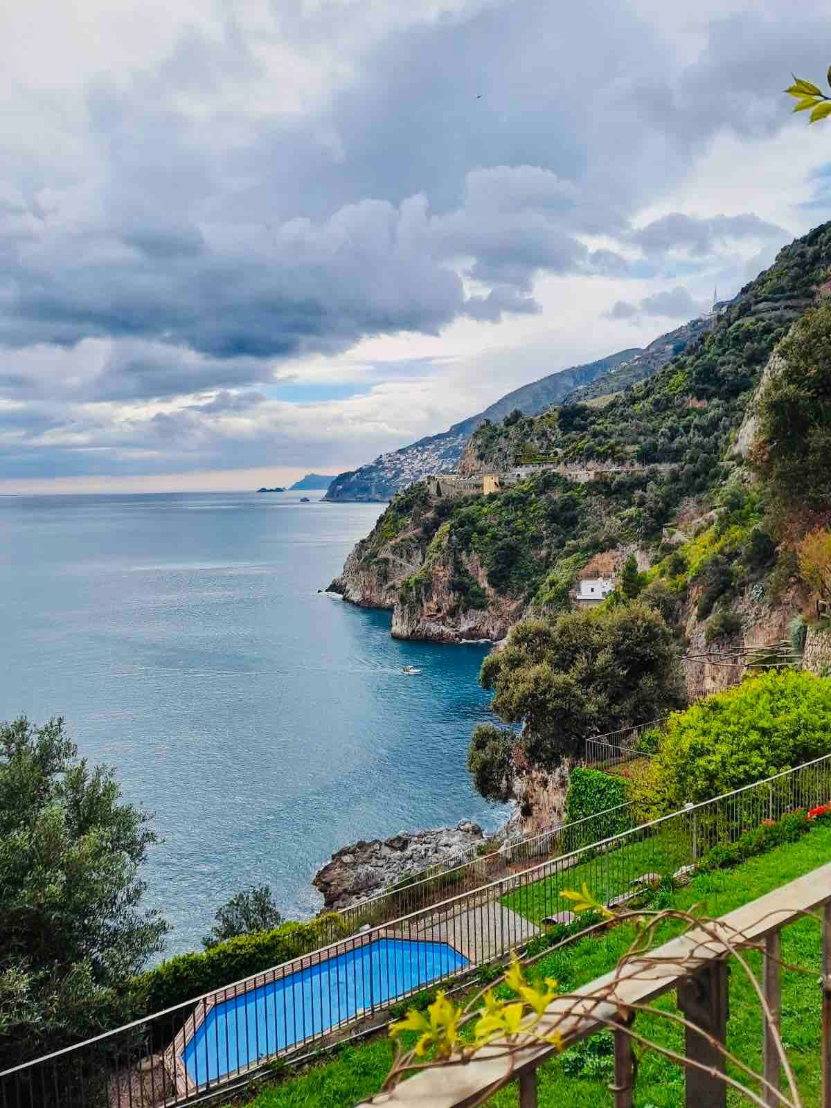 The dramatic Amalfi coastline and sea viewed from the villa's clifftop position