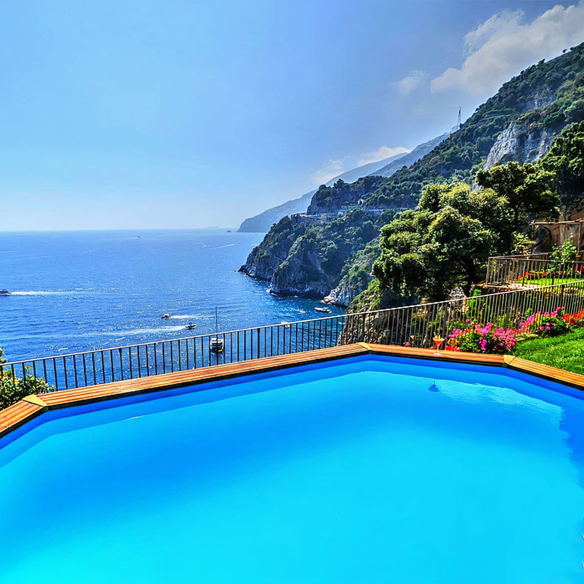 A geometric blue swimming pool overlooking the Amalfi coastline