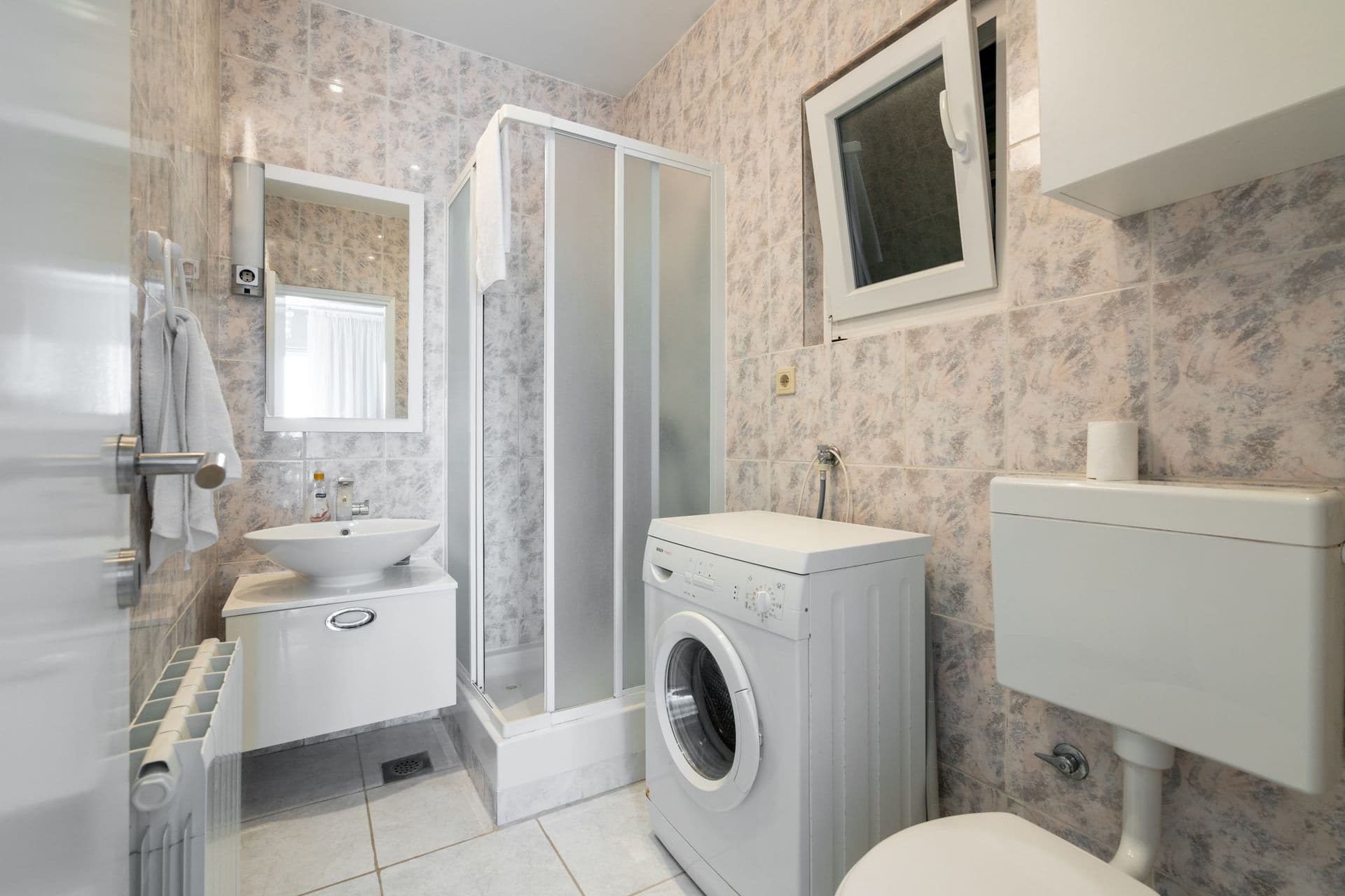 Twin bedroom in grey and white with parquet floors at Blue All Around, Marina, Croatia