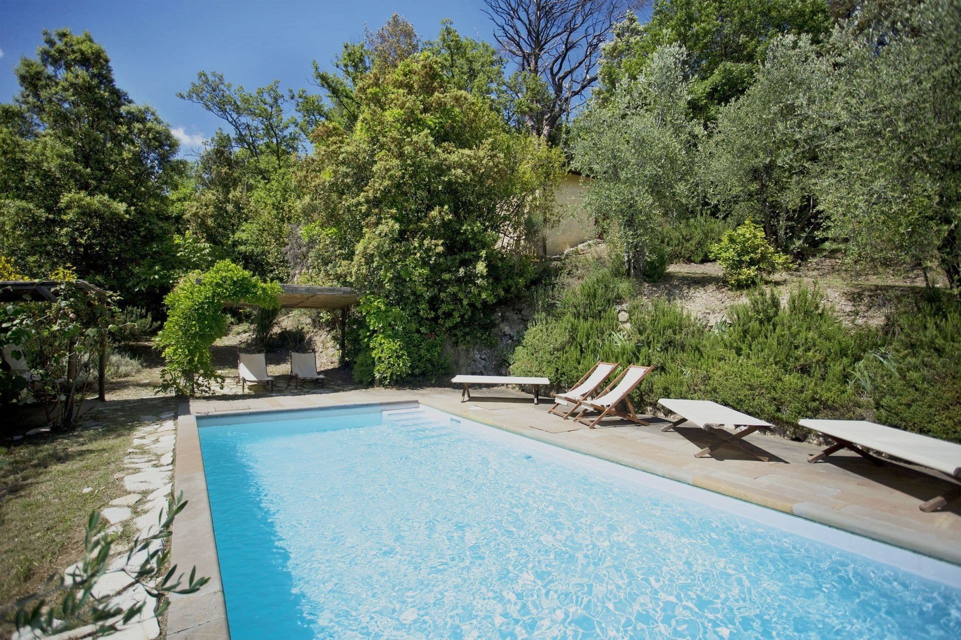 Tree-lined swimming pool surrounded by Tuscan countryside at Picturesque Hideaway