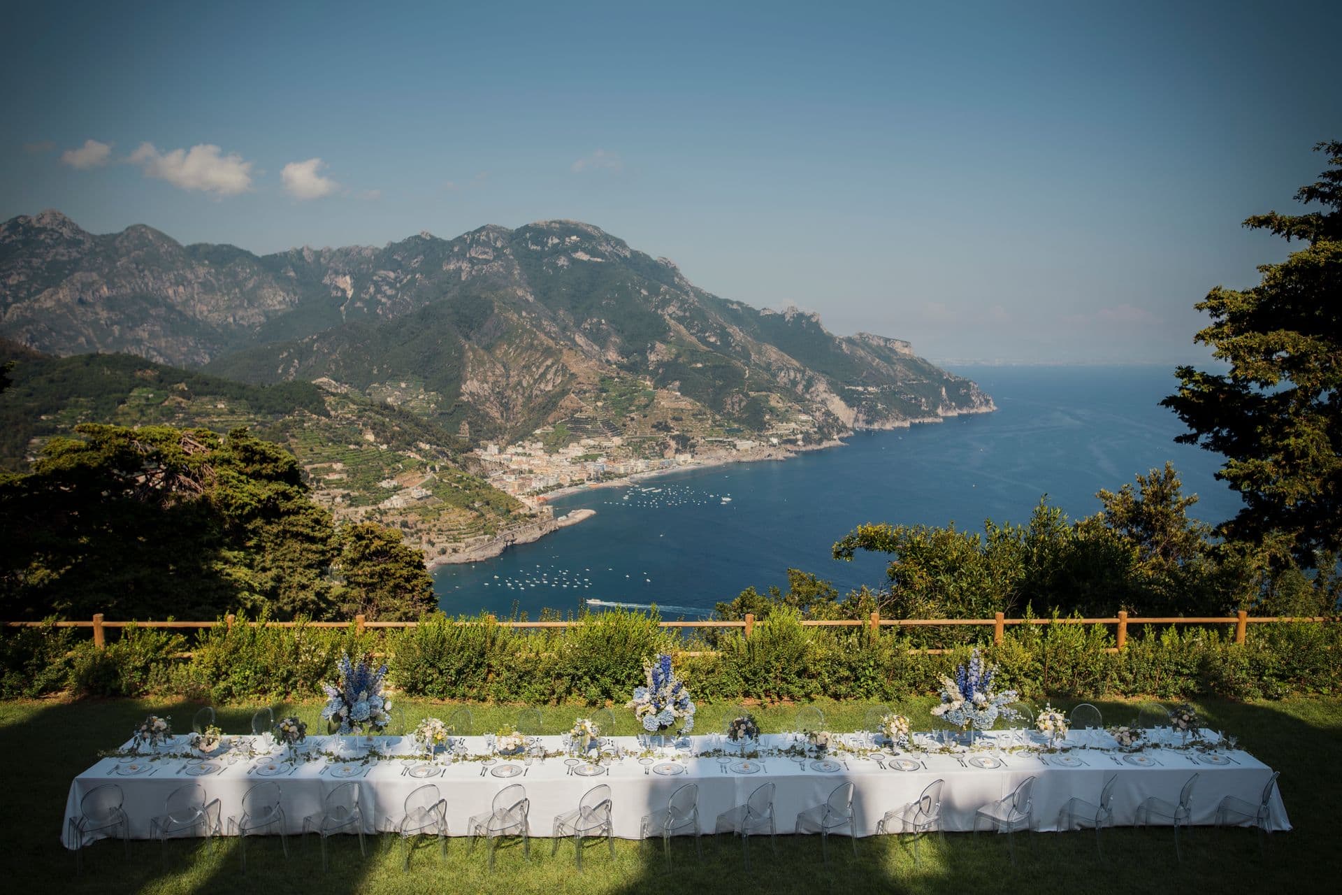 Panoramic view of the Amalfi Coast mountains and sea from the villa