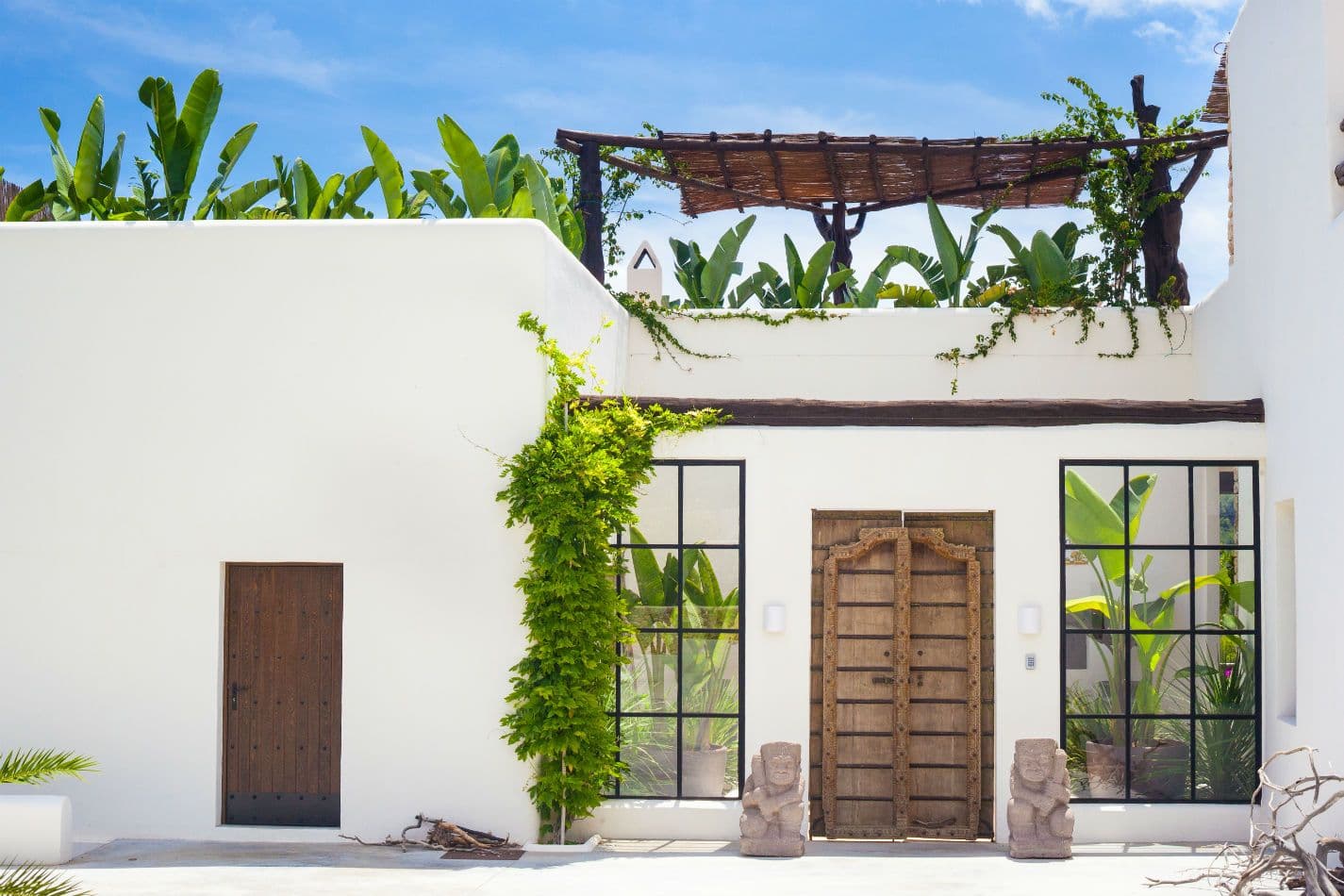 Whitewashed finca entrance with wooden door and climbing vines