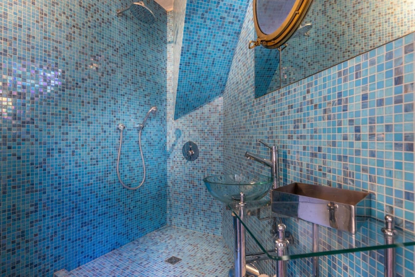 Bathroom with blue mosaic tiled shower at On the Emerald Coast, Rapallo
