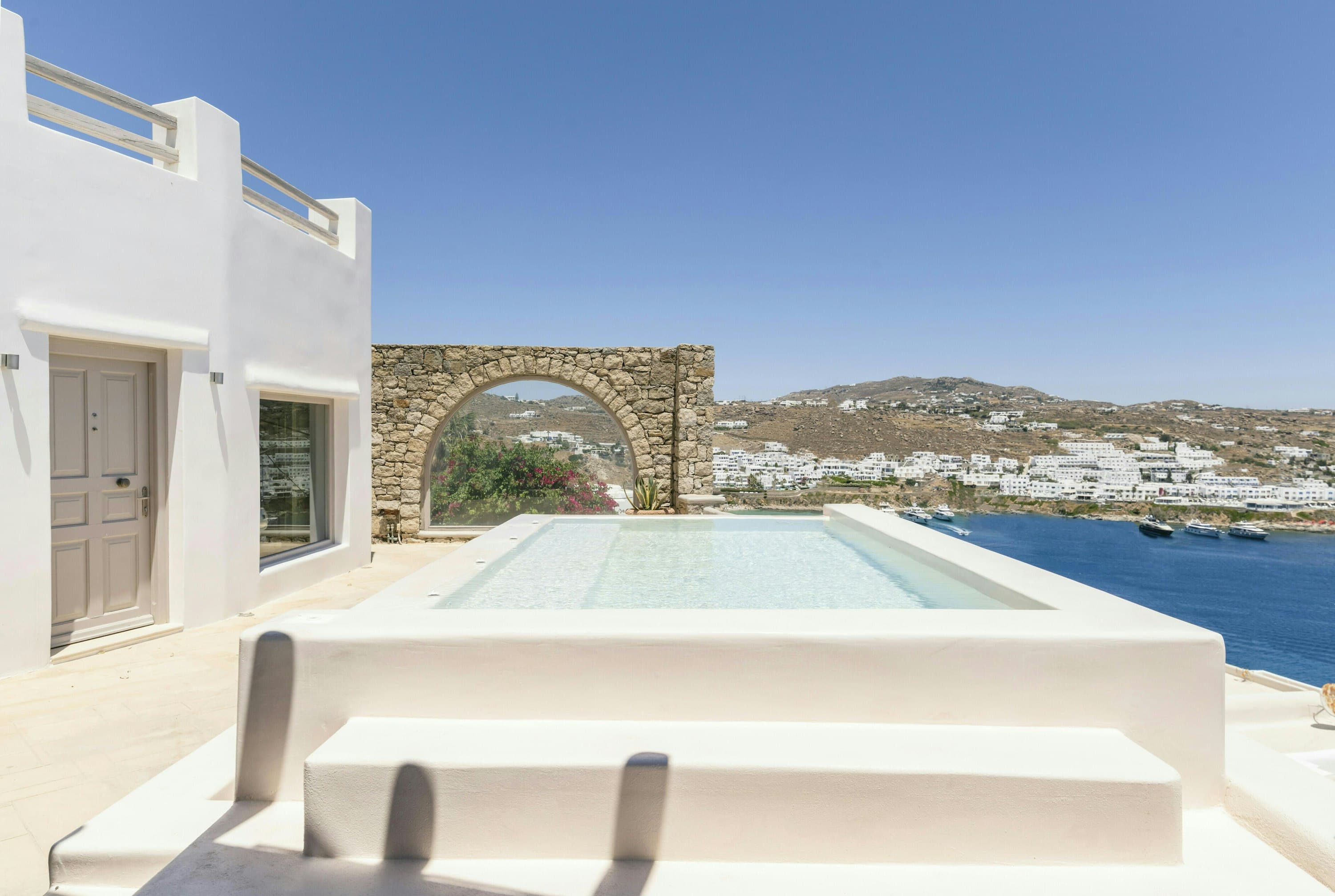 Heart Full villa infinity pool terrace with Cycladic architecture, Mykonos, Greece