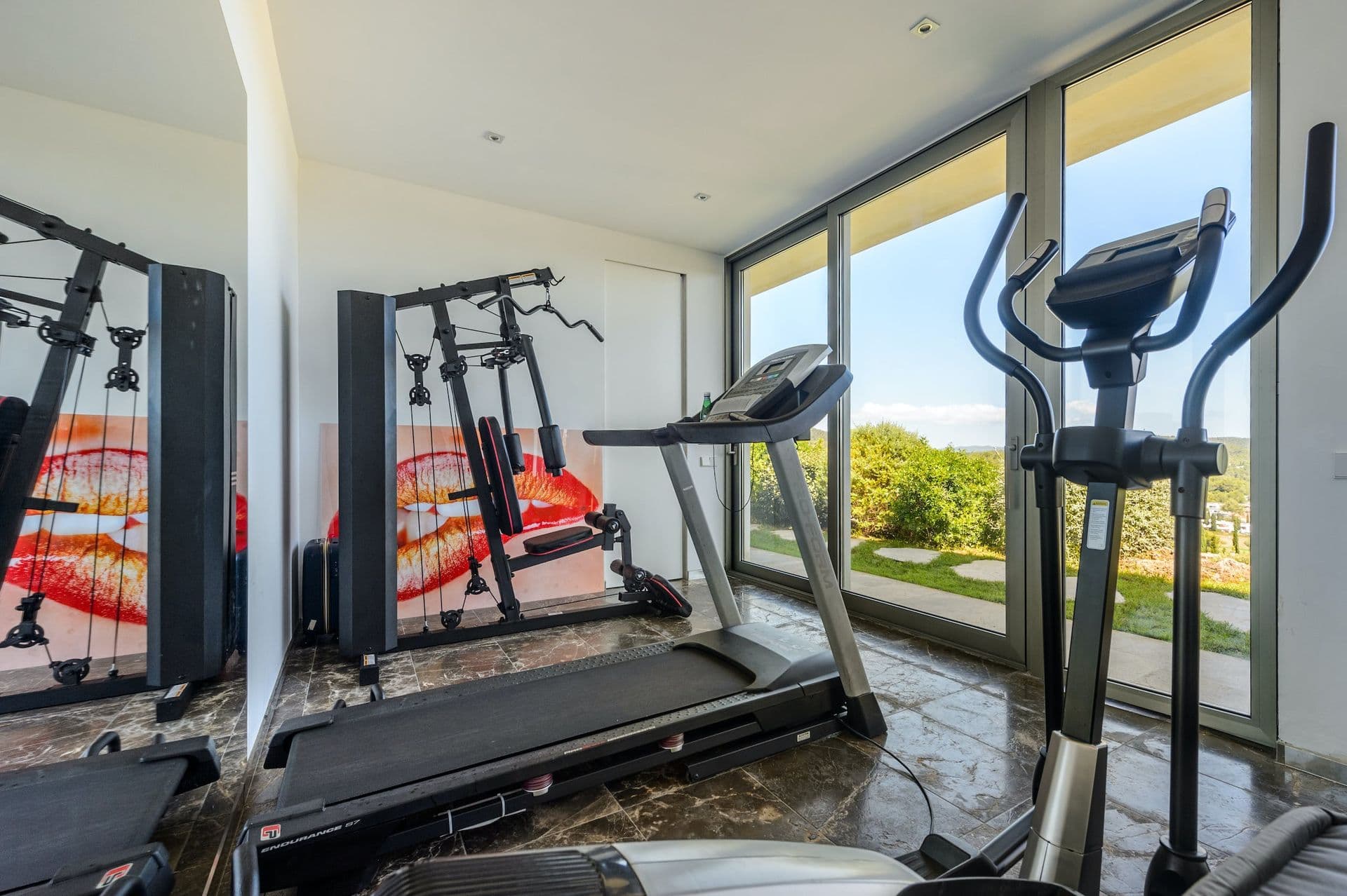 Home gym with treadmill, elliptical and multi-station weights machine