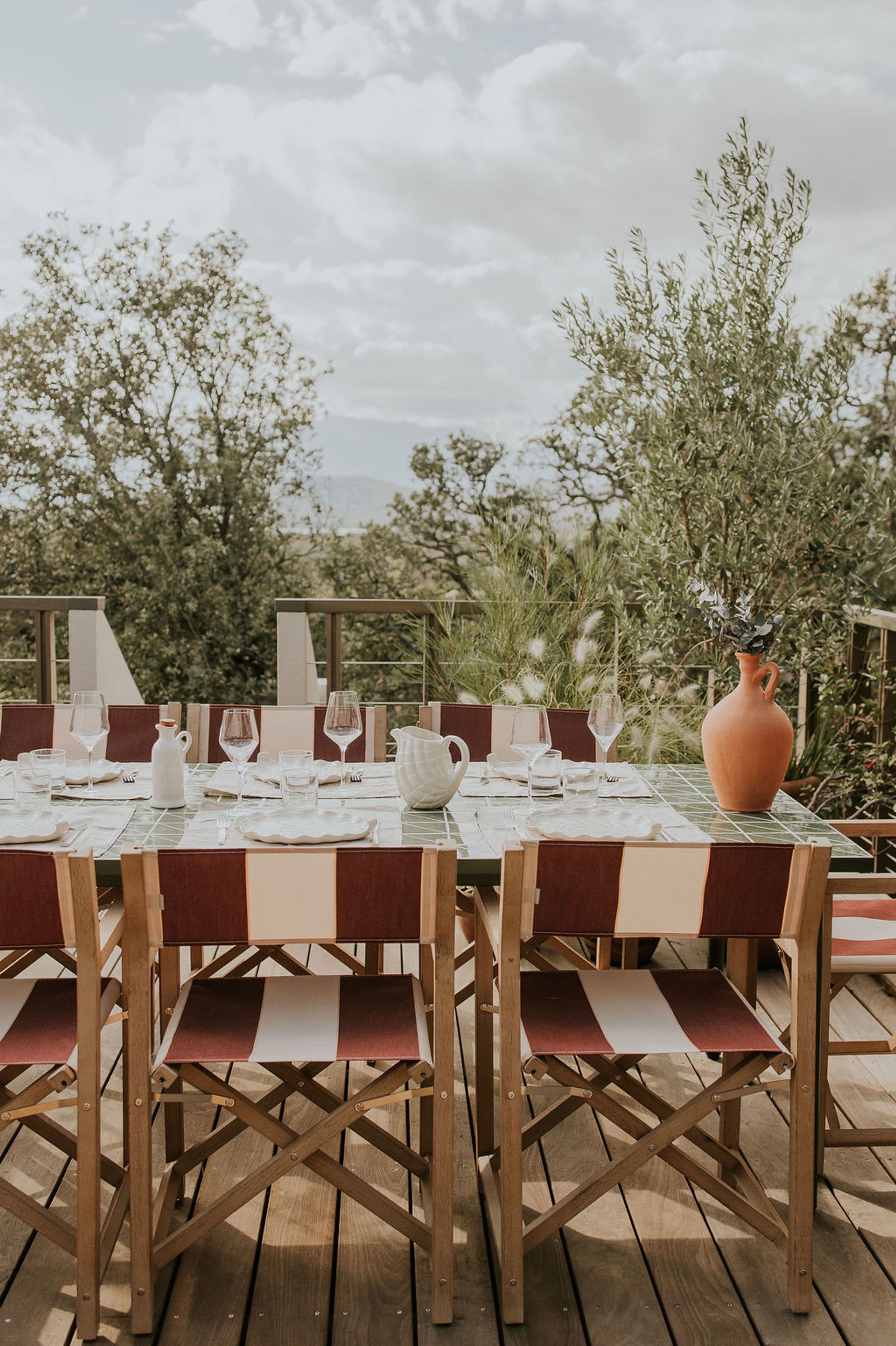 Casa Rossa terrace seating with built-in bench, Porto-Vecchio, Corsica, France