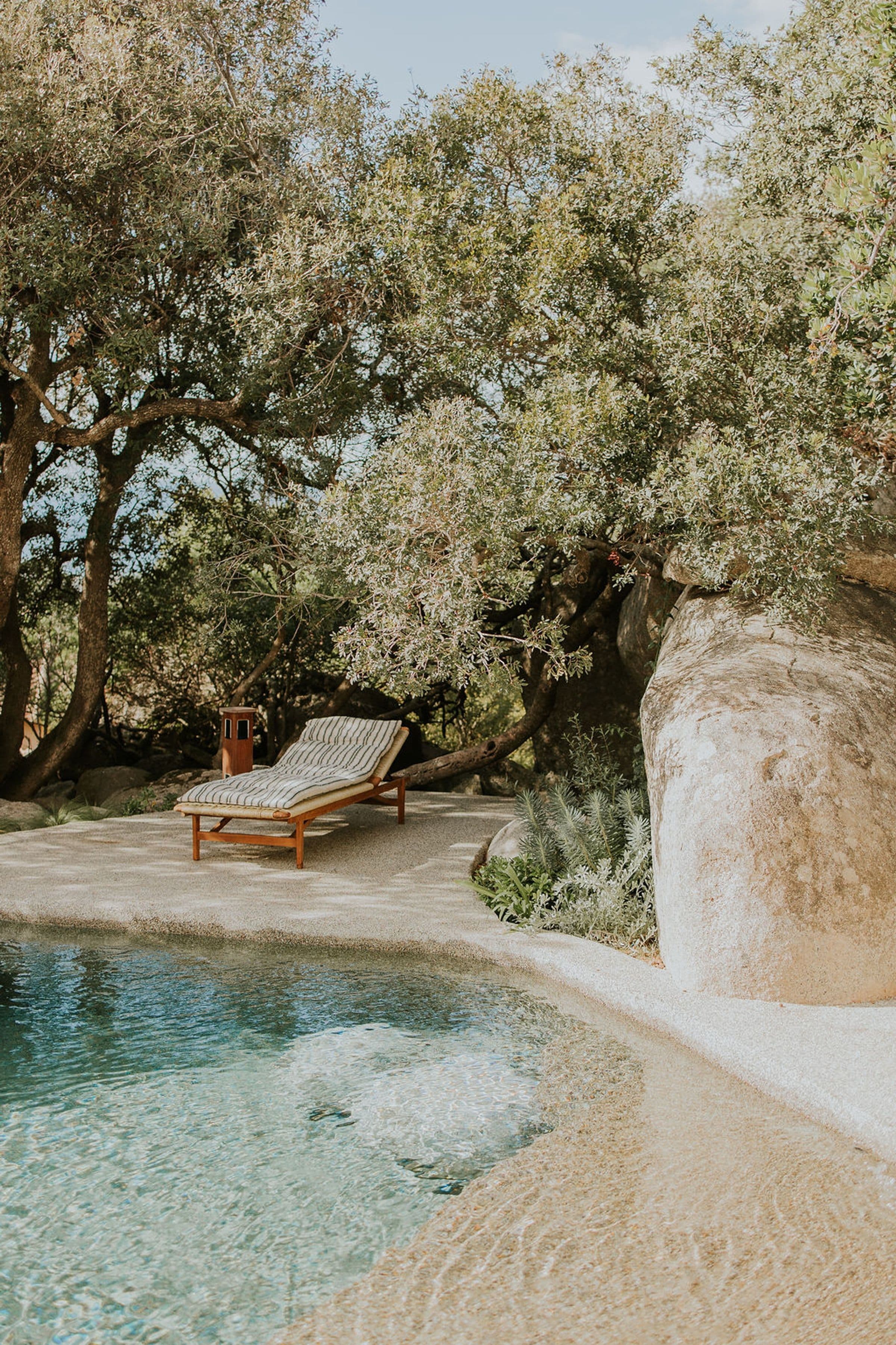 Casa Rossa outdoor dining terrace with mountain views, Porto-Vecchio, Corsica, France