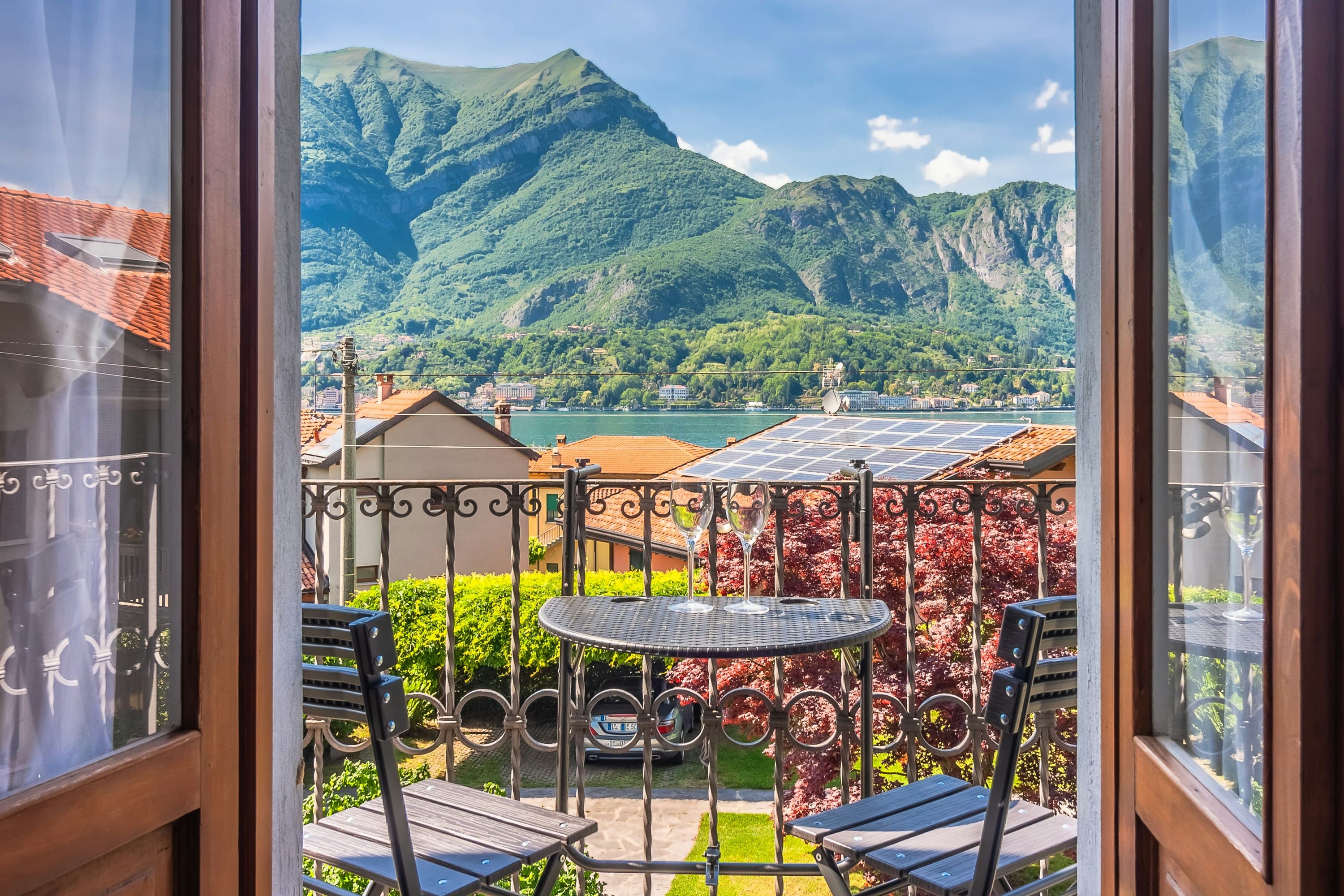 So Bellagio lake and mountain view from balcony overlooking Lake Como, Bellagio, Italian Lakes, Italy