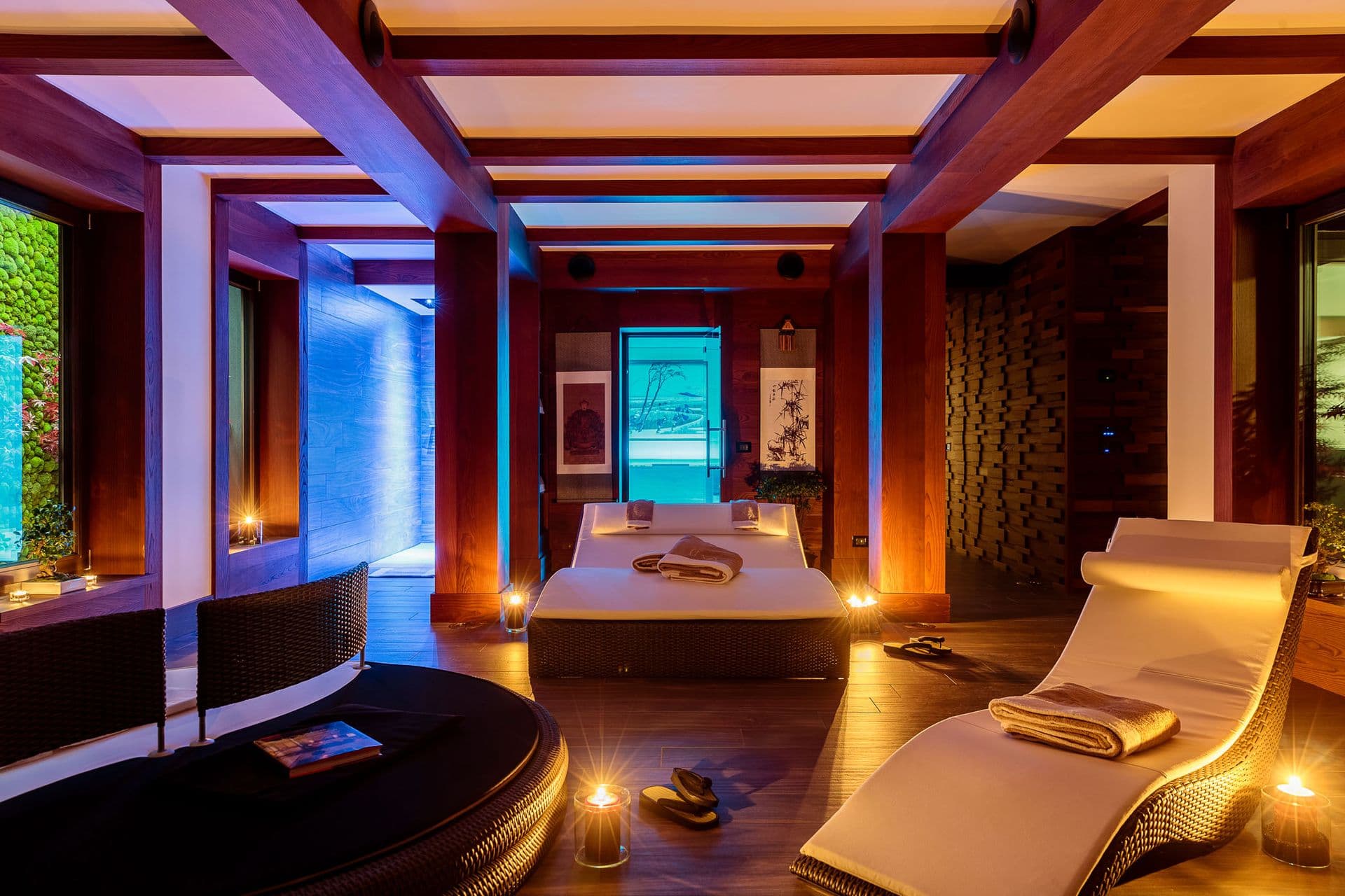 Massage and relaxation room with a lounger and mood lighting at Dolomite Prestige, Cortina d'Ampezzo