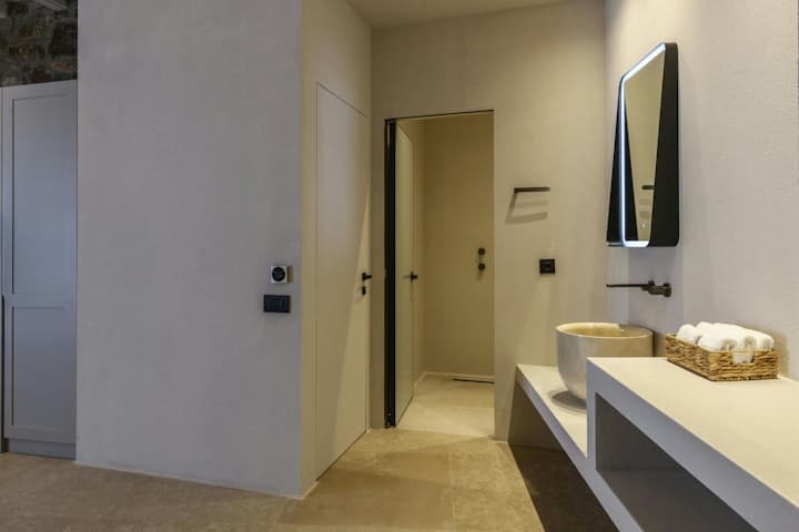 Grecian Sunset bathroom vanity with stone sink, Psarou, Cyclades Islands, Greece