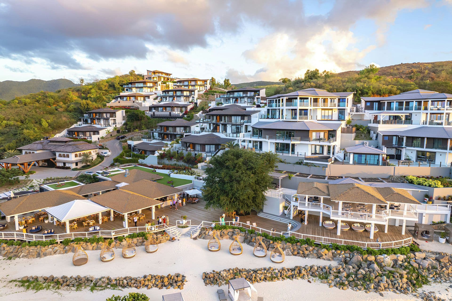 Aerial view of the resort villas along the coast at Hills of Antigua
