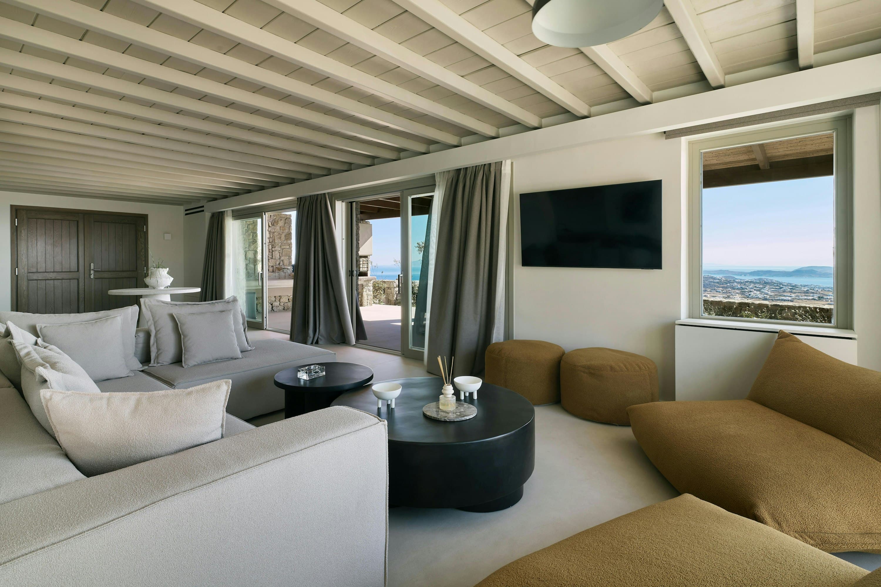 Sea Washed Wonder living room with ocean views, Mykonos, Greece