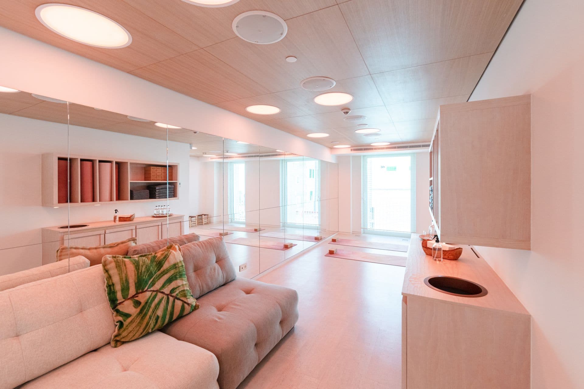 Open-plan lounge with pale pink sofas and patterned cushions beneath skylights