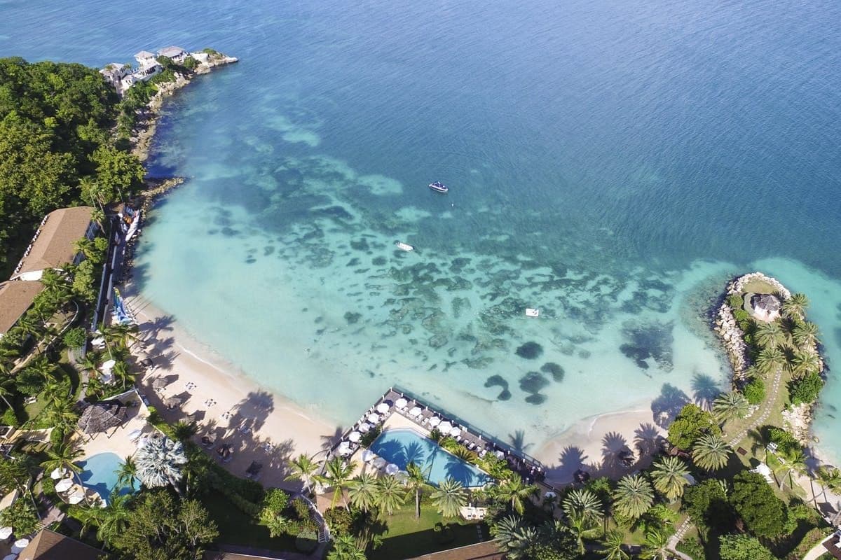 Aerial view of the resort cove and reef at Soldier's Bay, Antigua