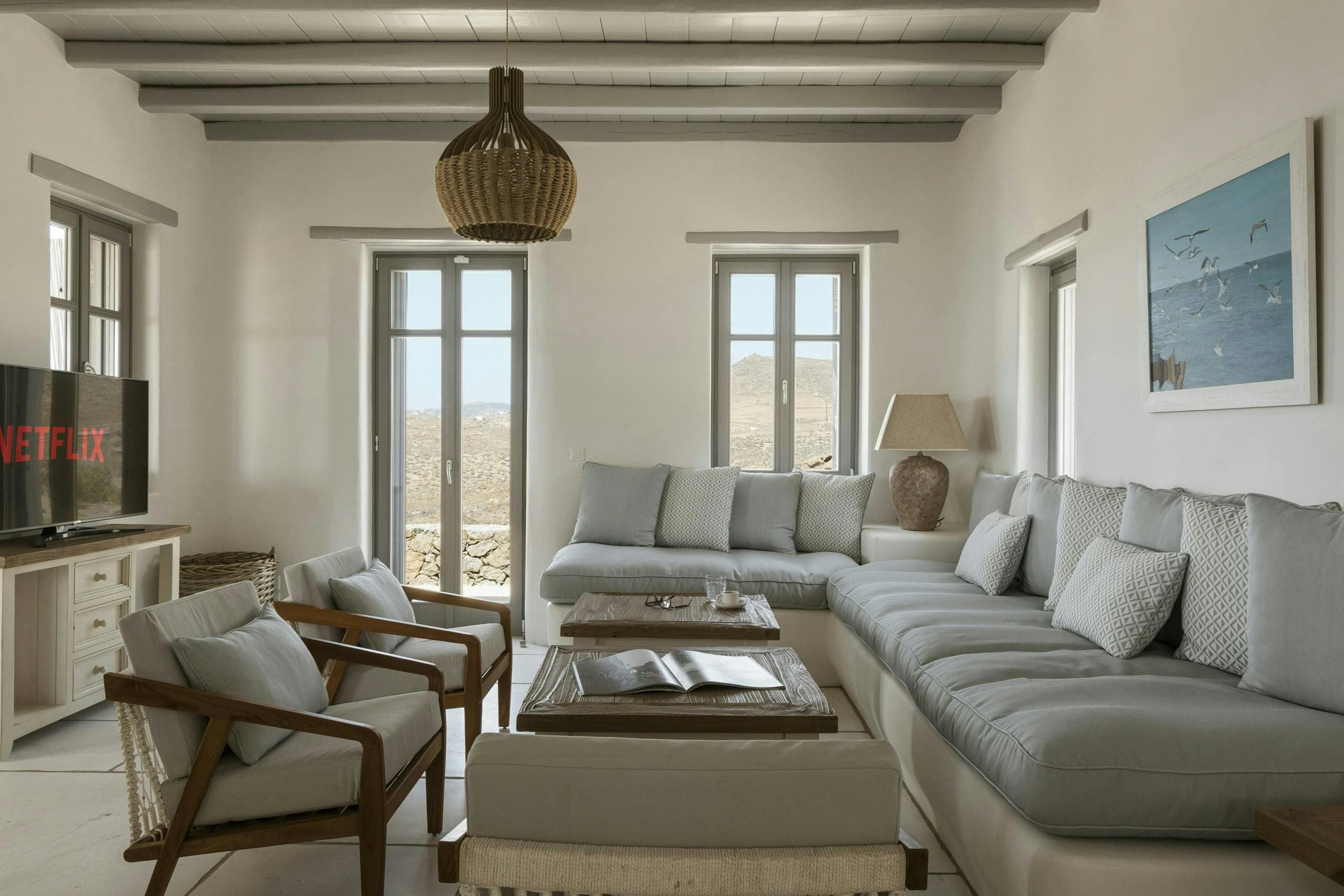 Oasis Dawn main living area with sea views, Kalafati, Cyclades Islands, Greece