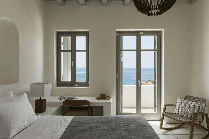 Oasis Dawn master bedroom with ocean views, Kalafati, Cyclades Islands, Greece