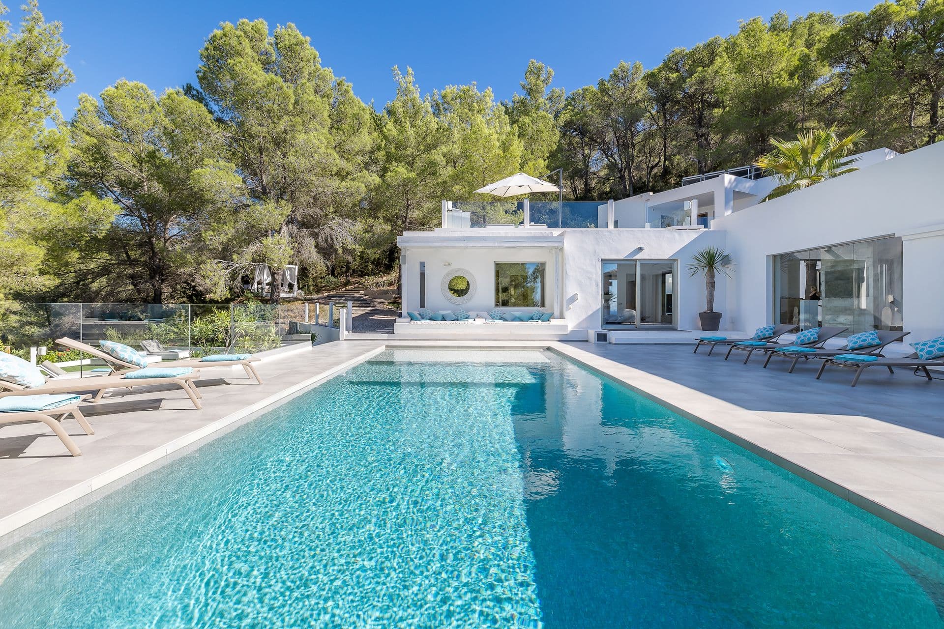 Long swimming pool with sun loungers and views over the pine covered hillside.