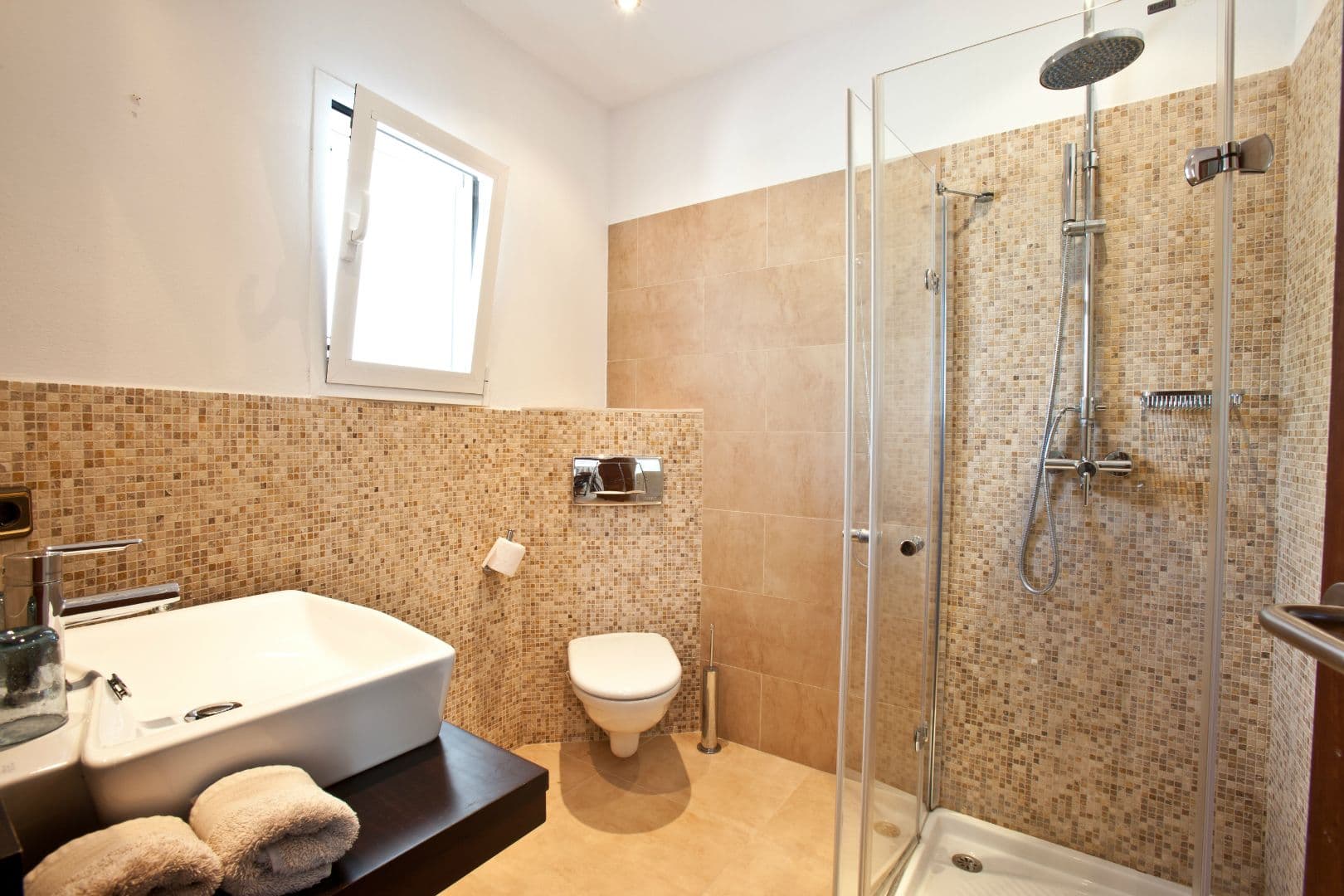 Mosaic-tiled shower room with a vessel basin at Cicadas Sway, Ibiza