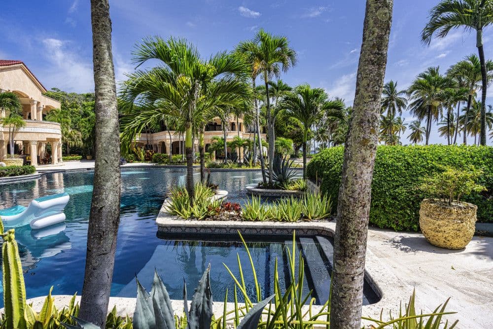 Pool and tropical gardens with the villa facade behind at Villa Anacaona