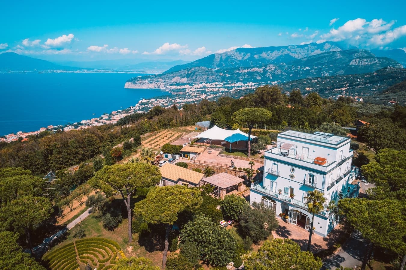 Pavillion Paradiso villa aerial view over hillside terraces, Massa Lubrense, Amalfi Coast, Italy