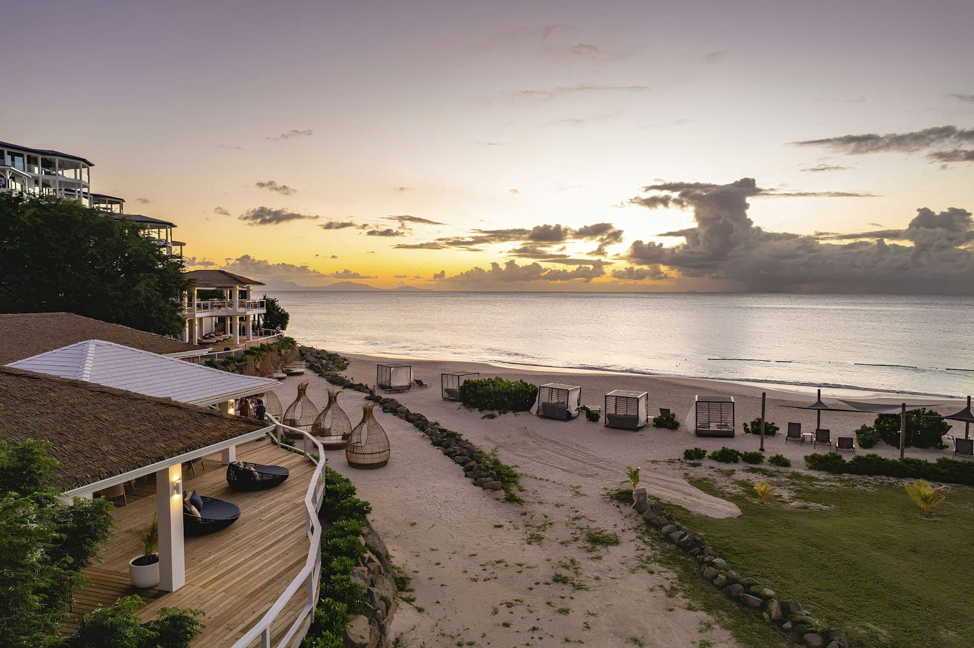 Resort and beach at dusk at Life in the Palm, Antigua