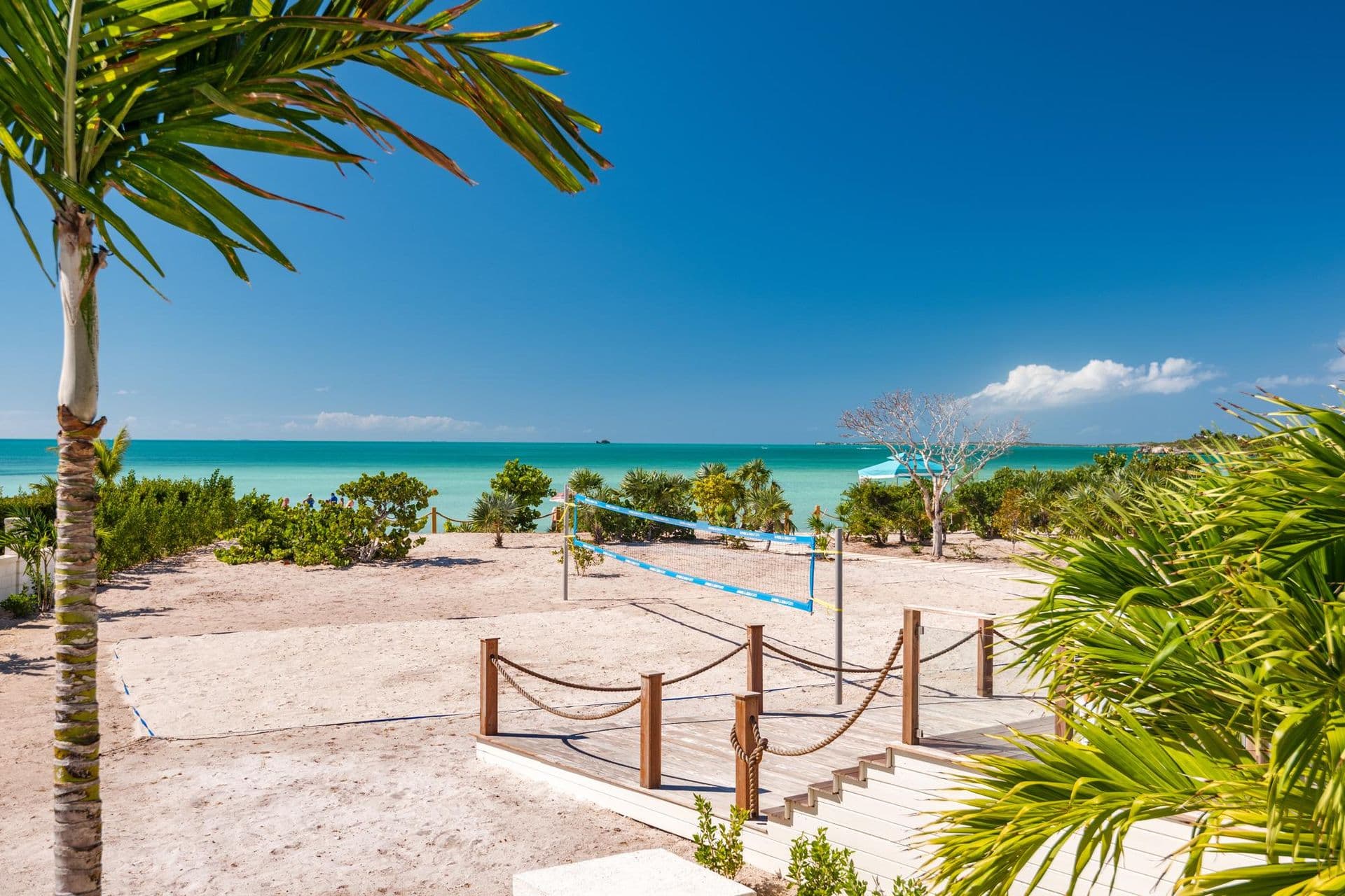 Palm-framed view of the turquoise sea and private beach