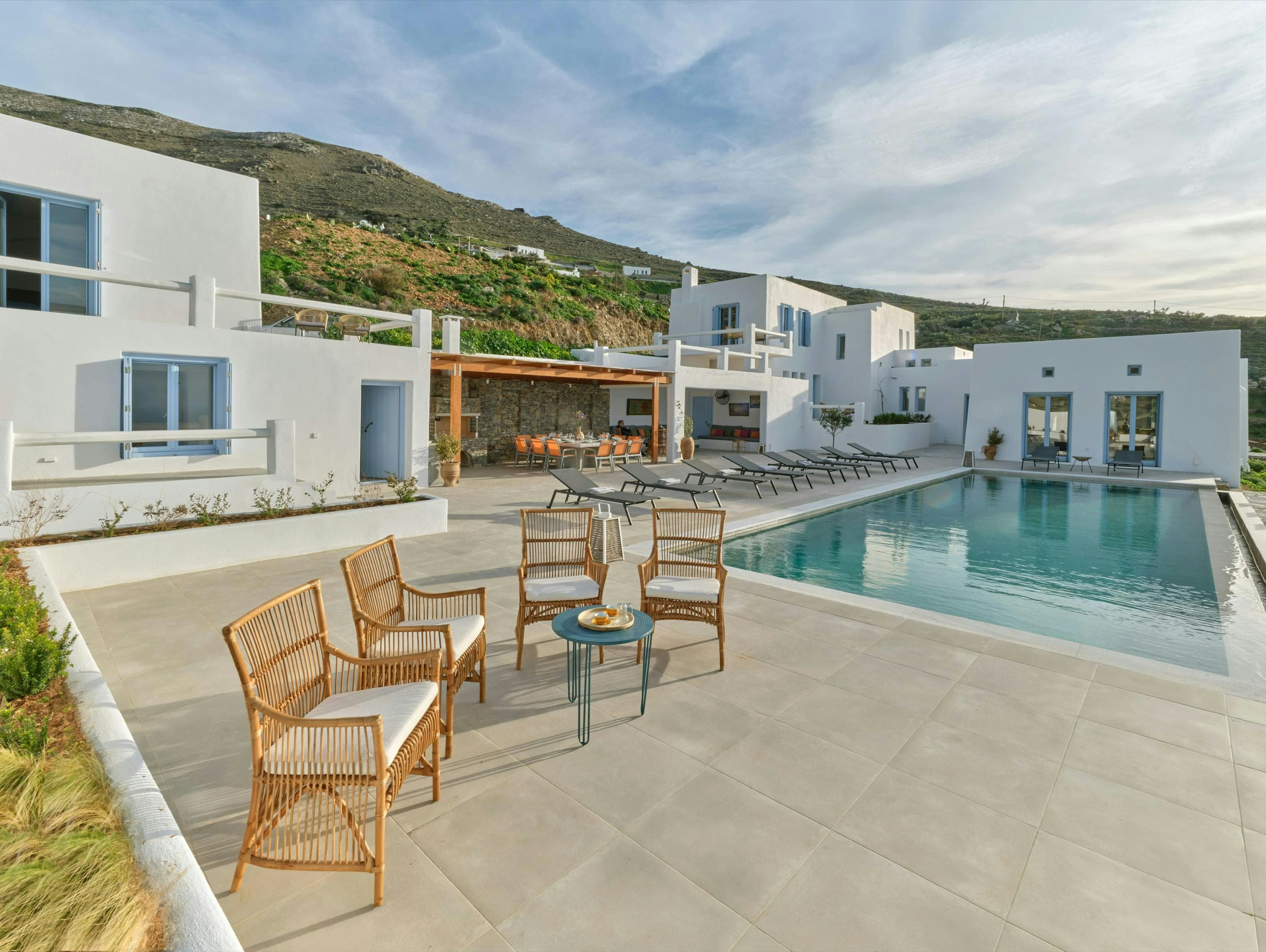 Dazzling View villa exterior with infinity pool and terraces, Paros, Greece