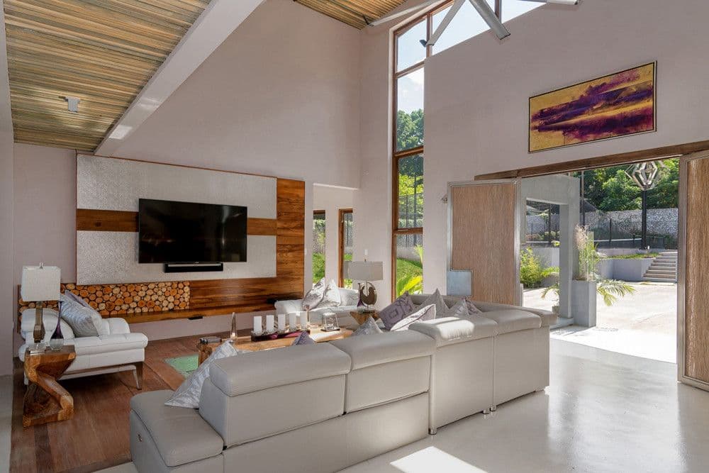 Living room with a timber-panelled media wall and vaulted ceiling at Promiseas