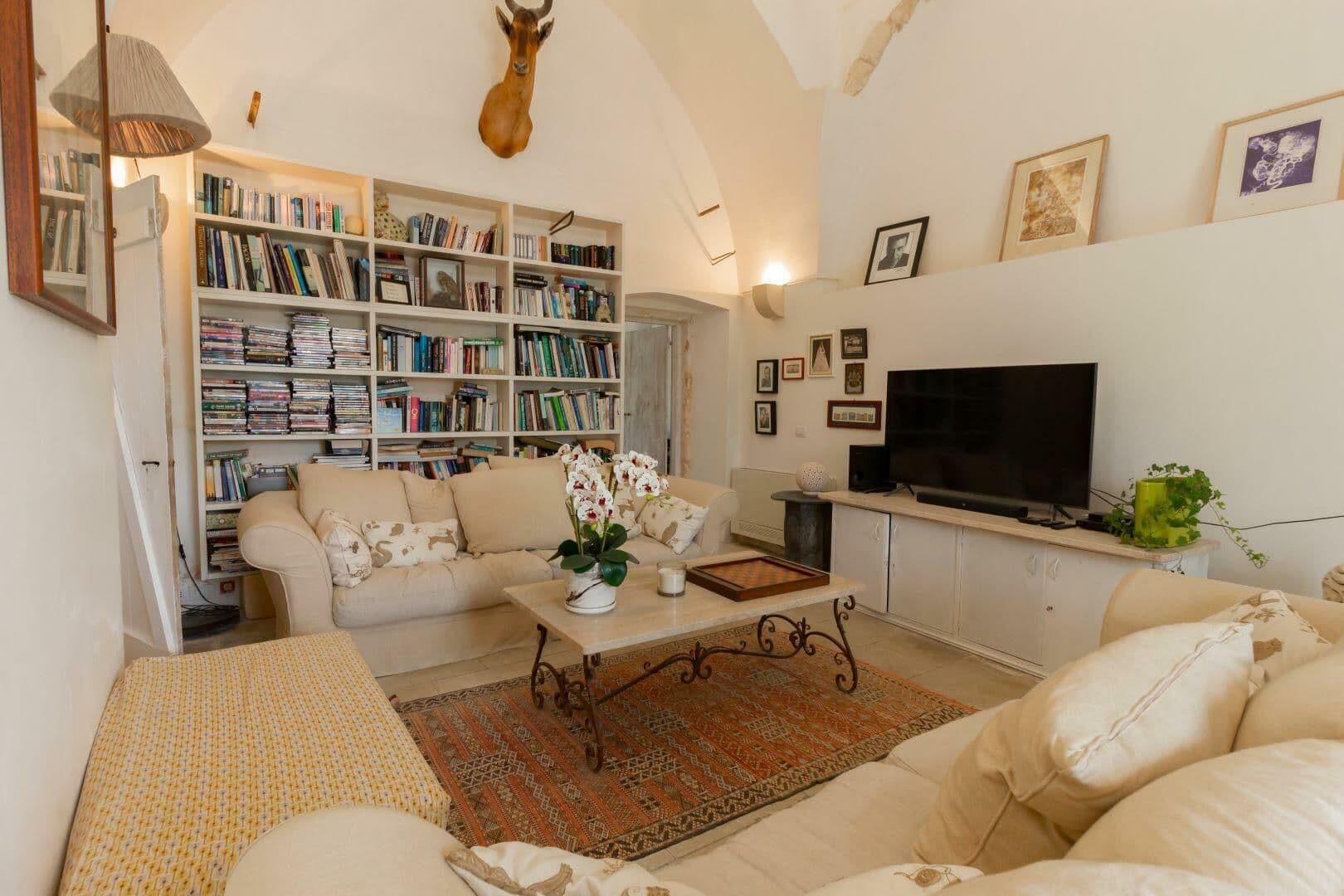 Reading lounge with built-in bookshelves and a television