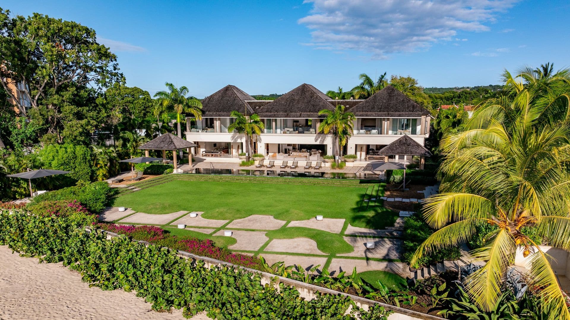 Aerial view of the villa and lawns running down to the beach at Moonlight Beauty, Barbados