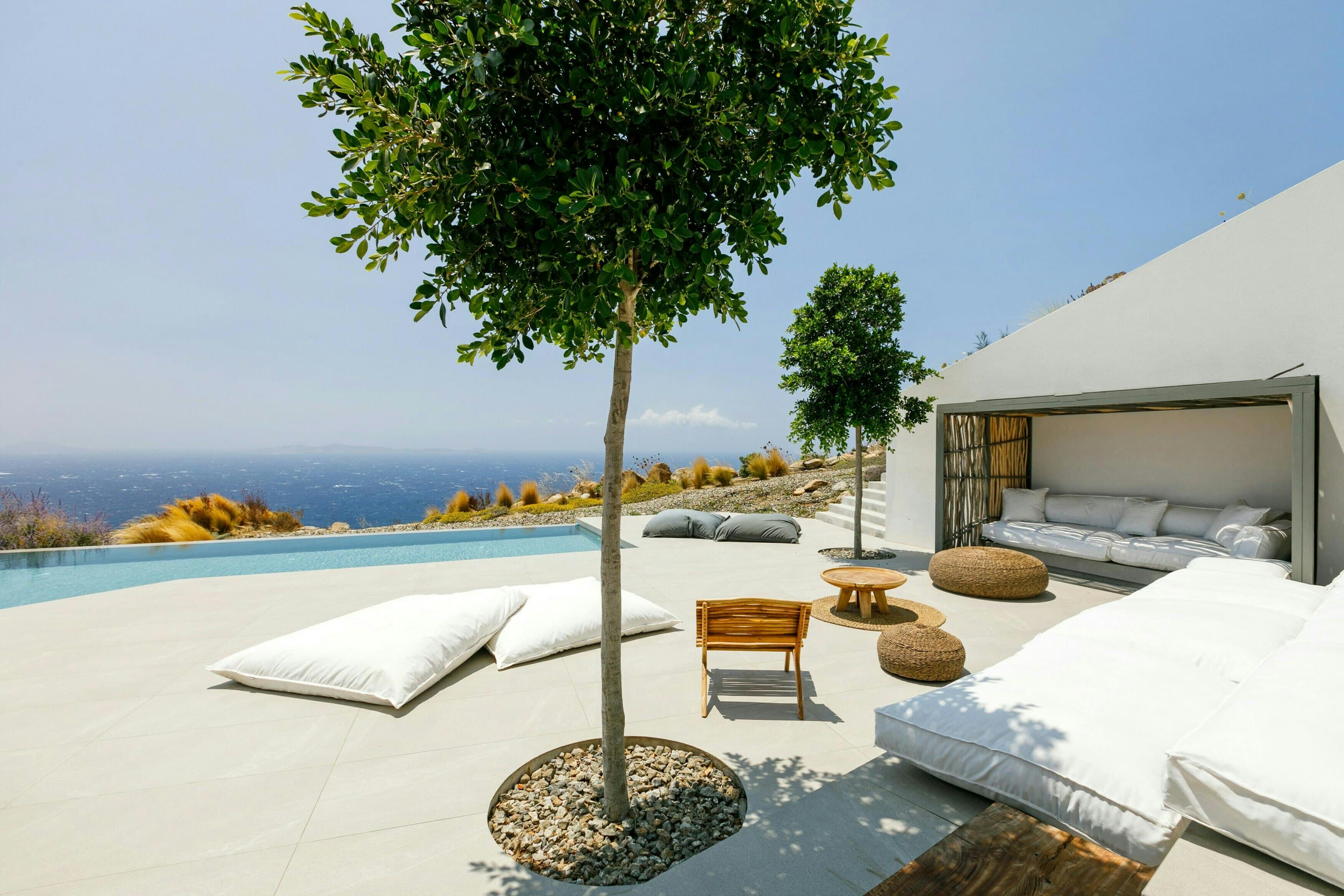 Between Stone & Sea infinity pool terrace overlooking the Aegean Sea, Tourlos, Cyclades Islands, Greece