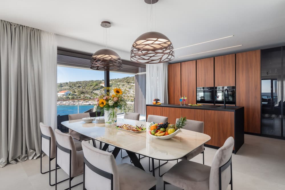 Rogoznica 6 formal dining room with marble table and pendant lighting, Rogoznica, Croatia